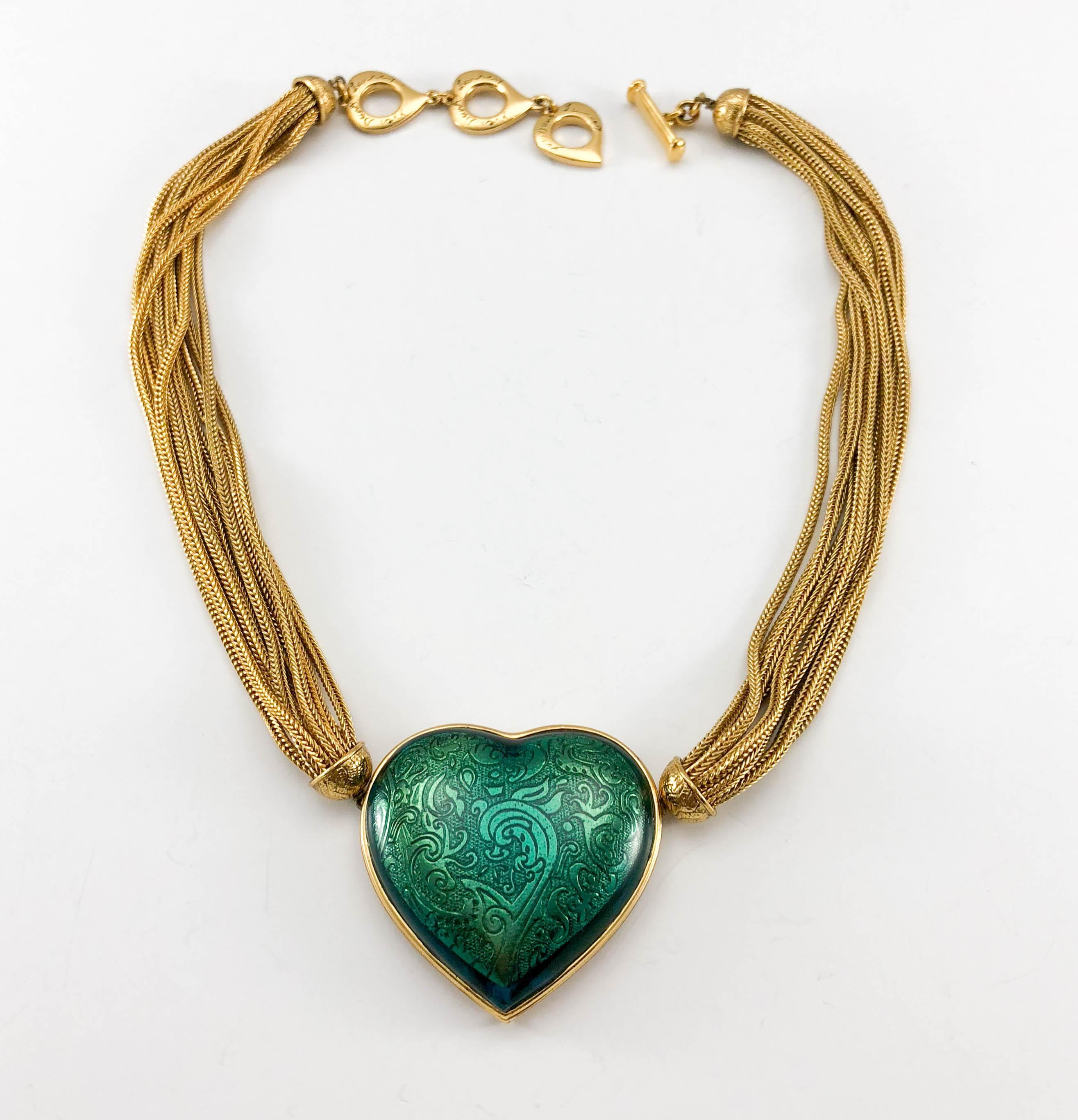 Women's 1980's Yves Saint Laurent Green Heart Pendant Necklace For Sale