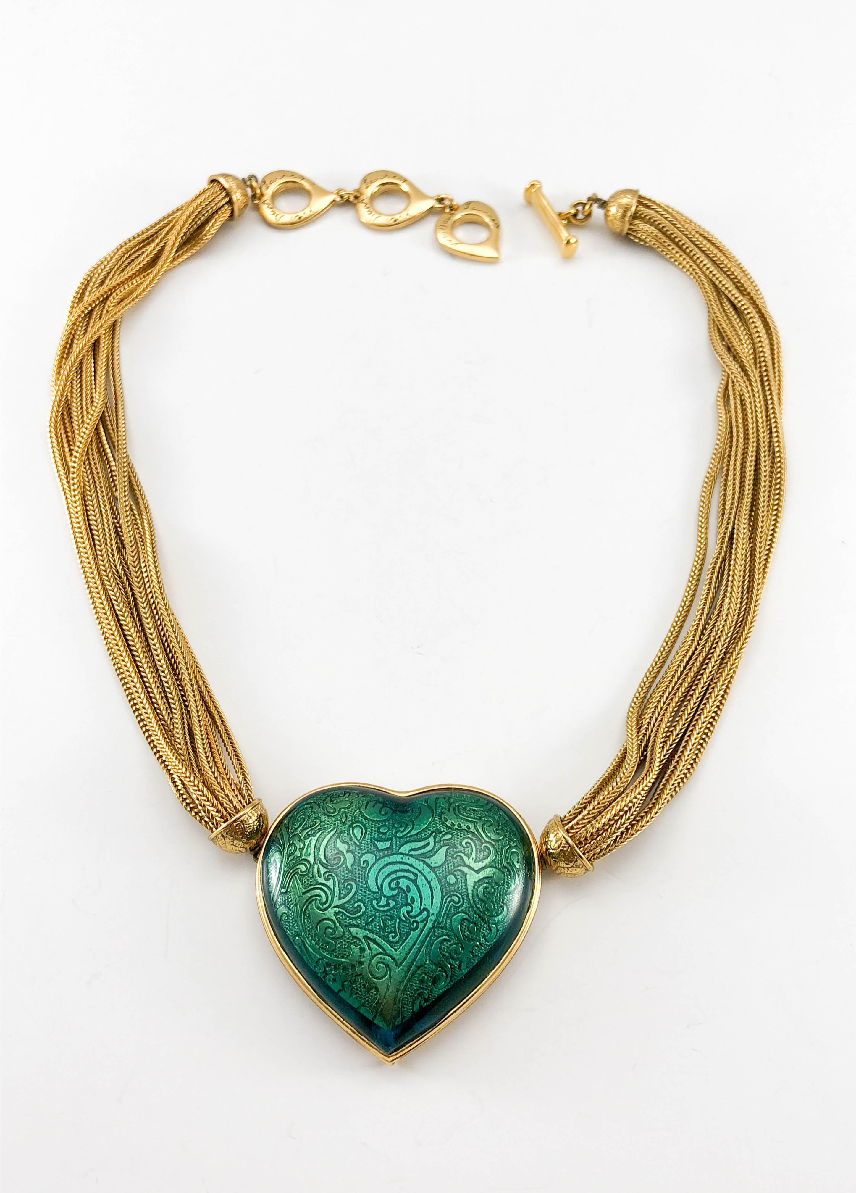 1980's Yves Saint Laurent Green Heart Pendant Necklace For Sale 2