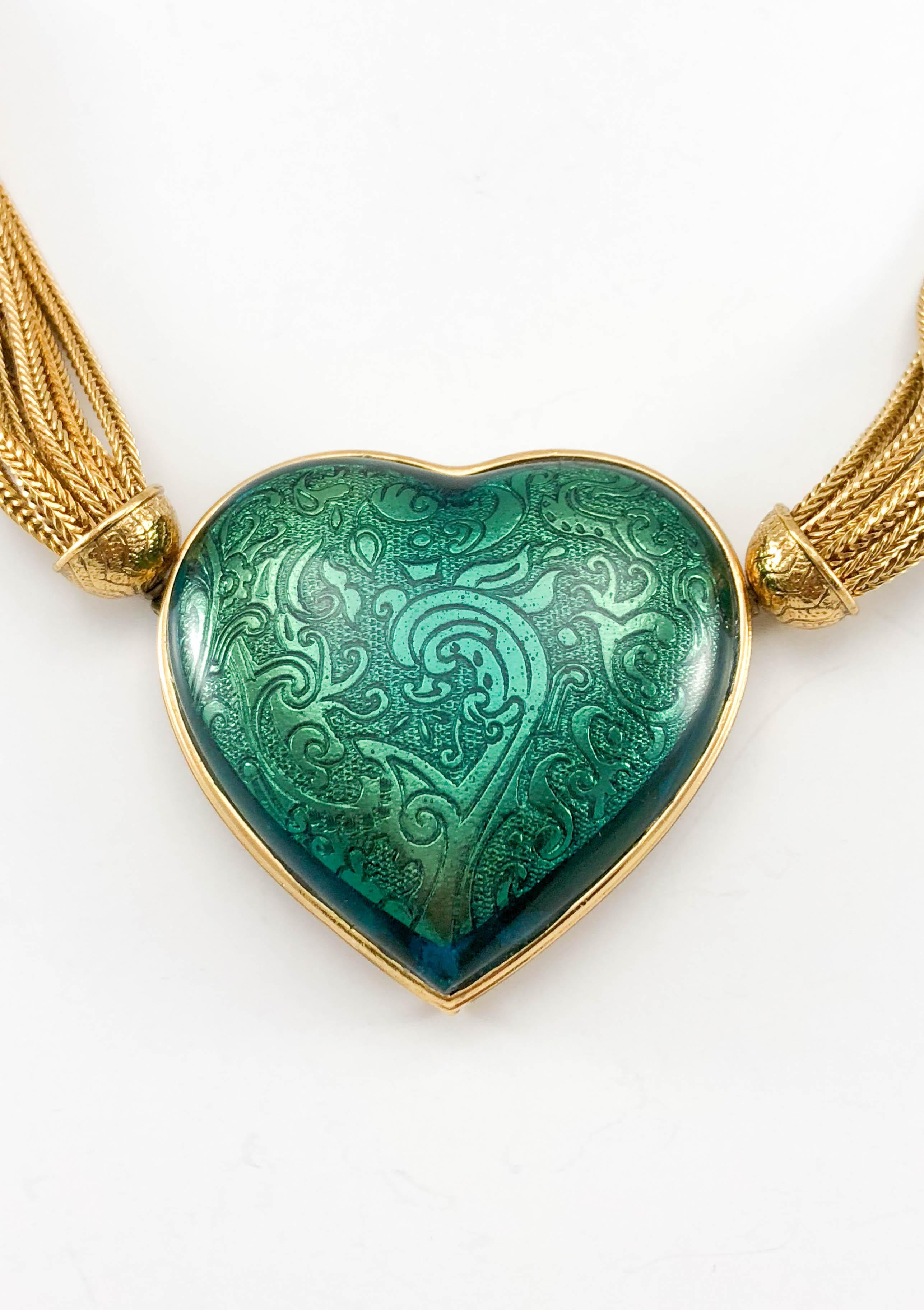 1980's Yves Saint Laurent Green Heart Pendant Necklace For Sale 5