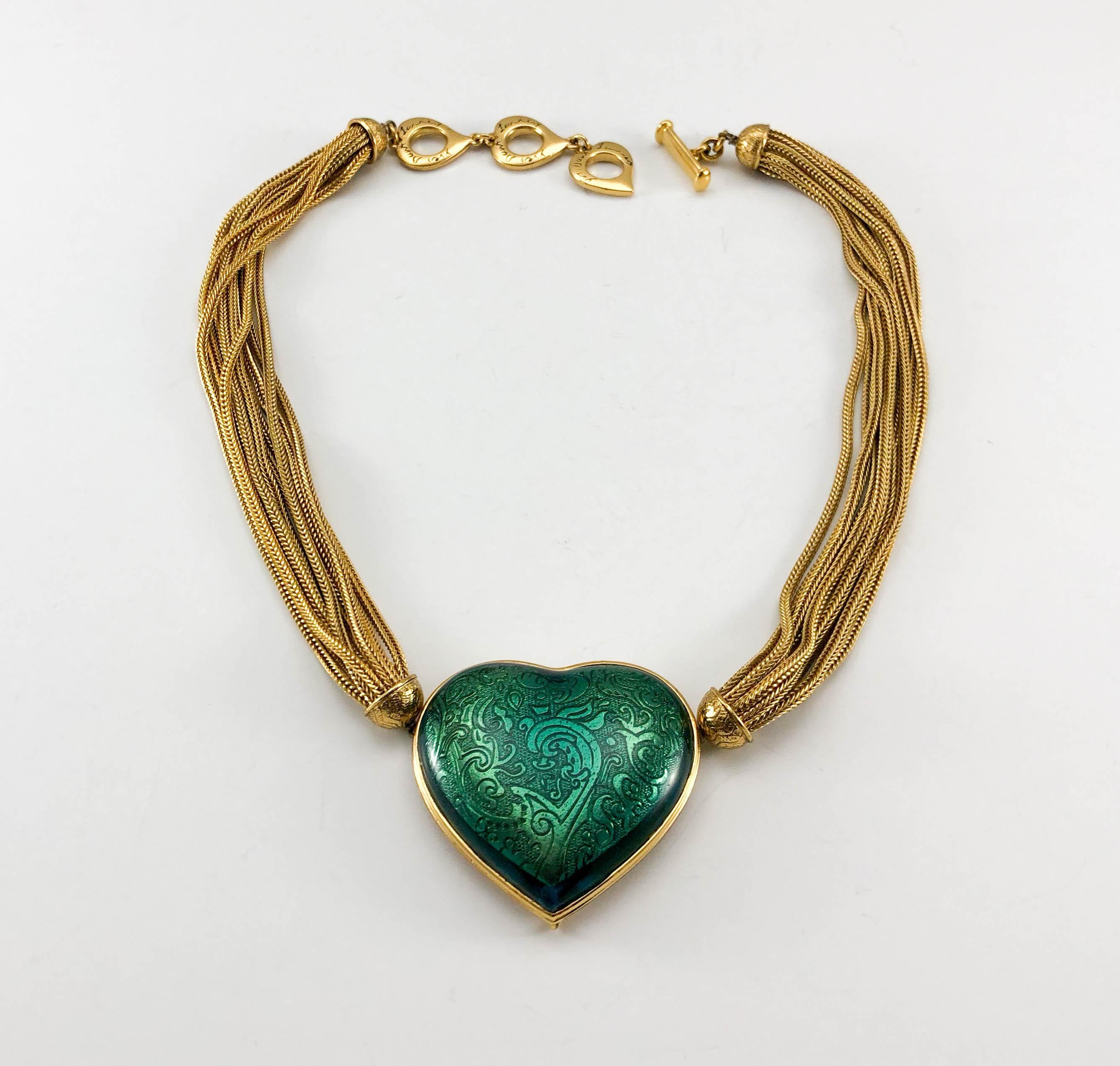 1980's Yves Saint Laurent Green Heart Pendant Necklace For Sale 3