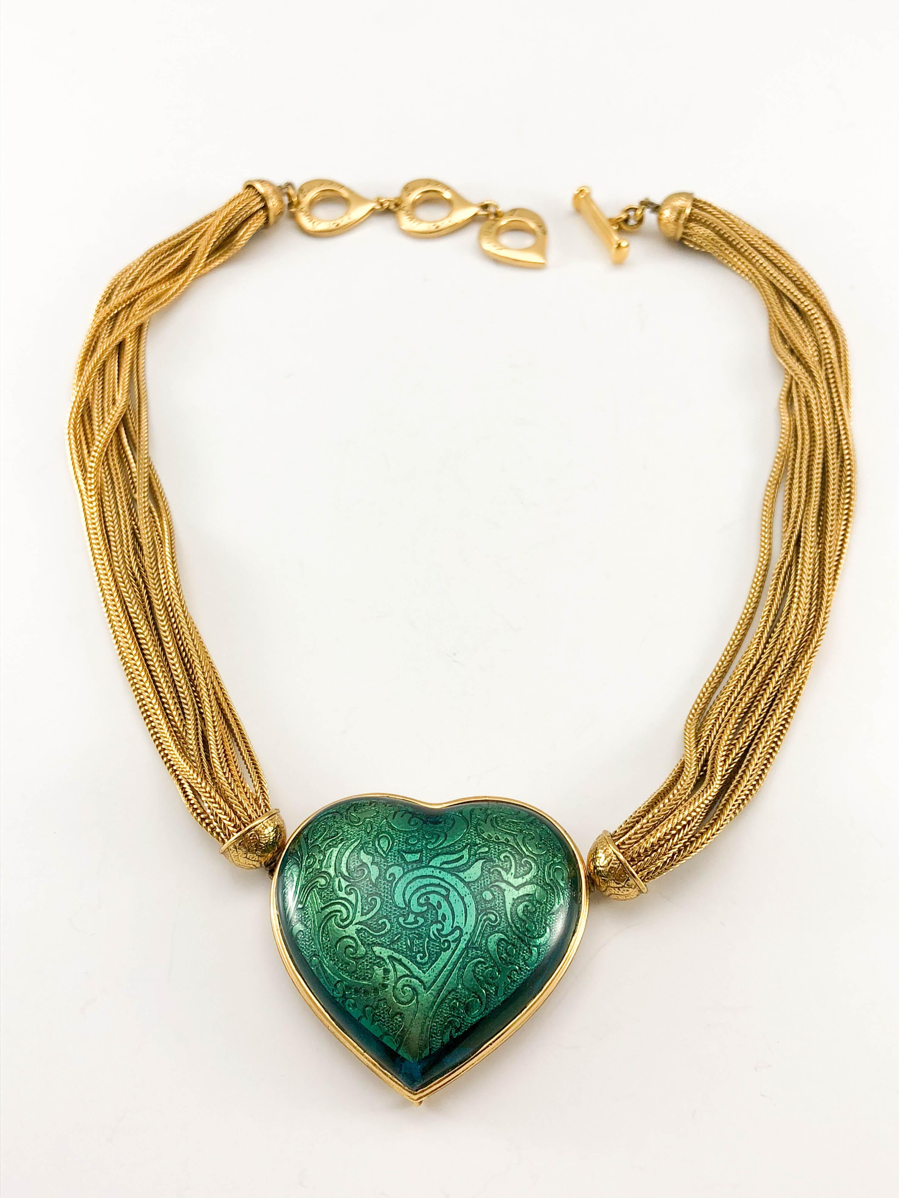 1980's Yves Saint Laurent Green Heart Pendant Necklace For Sale 4