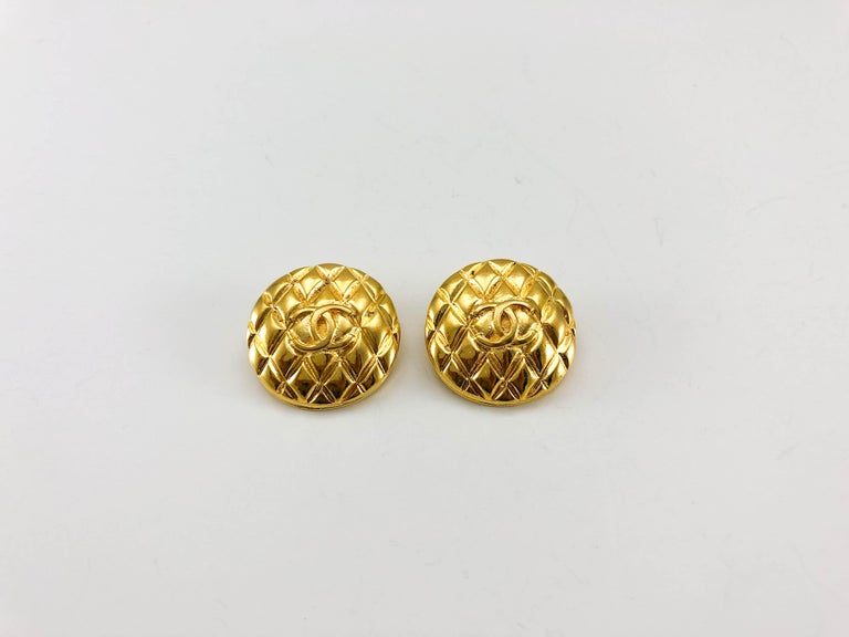 Chanel Gold-Plated Quilted Logo Earrings, 1988 For Sale at 1stDibs