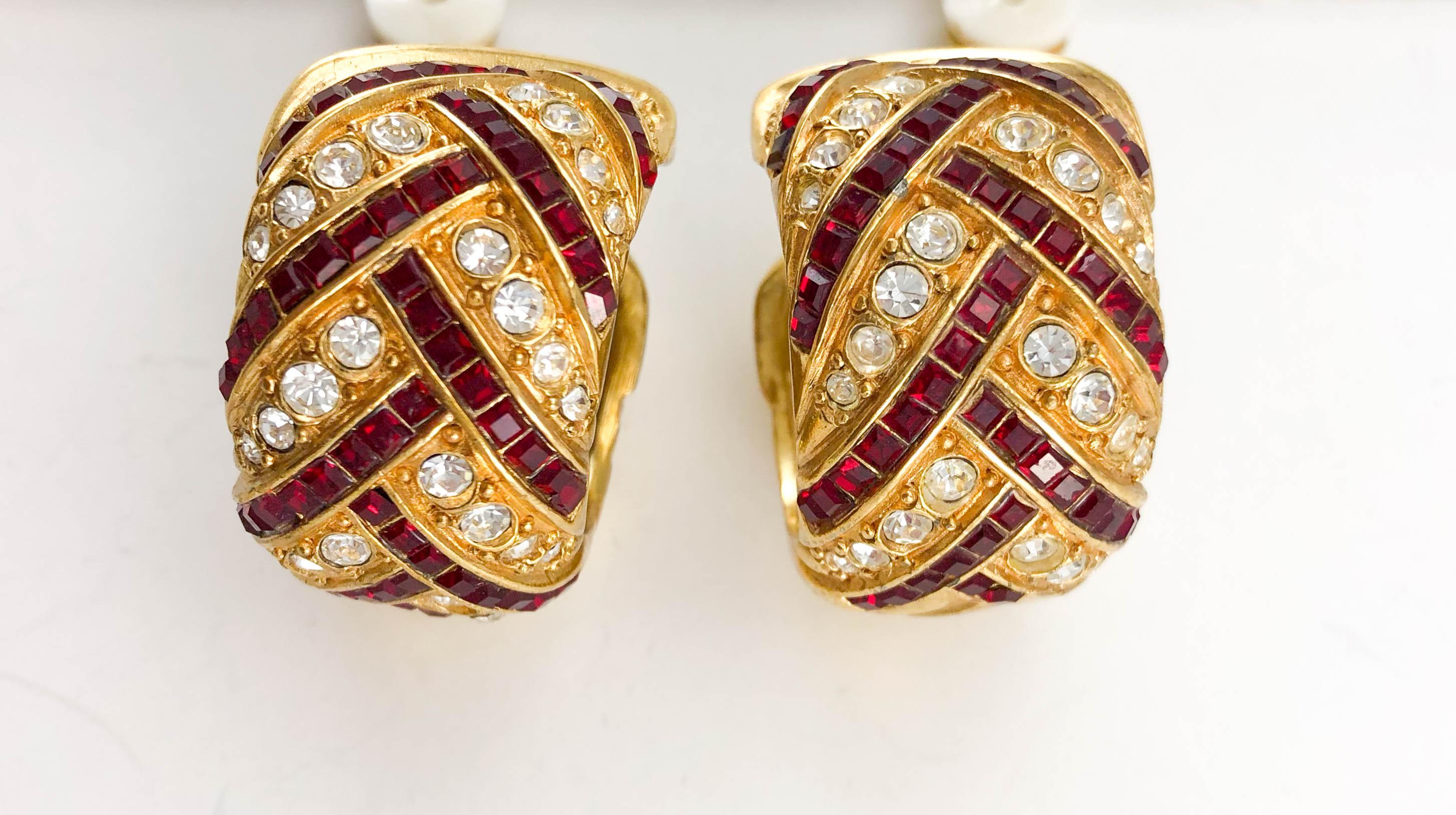 Women's 1980's Yves Saint Laurent Crystal Embellished Gold-Plated Hoop Earrings