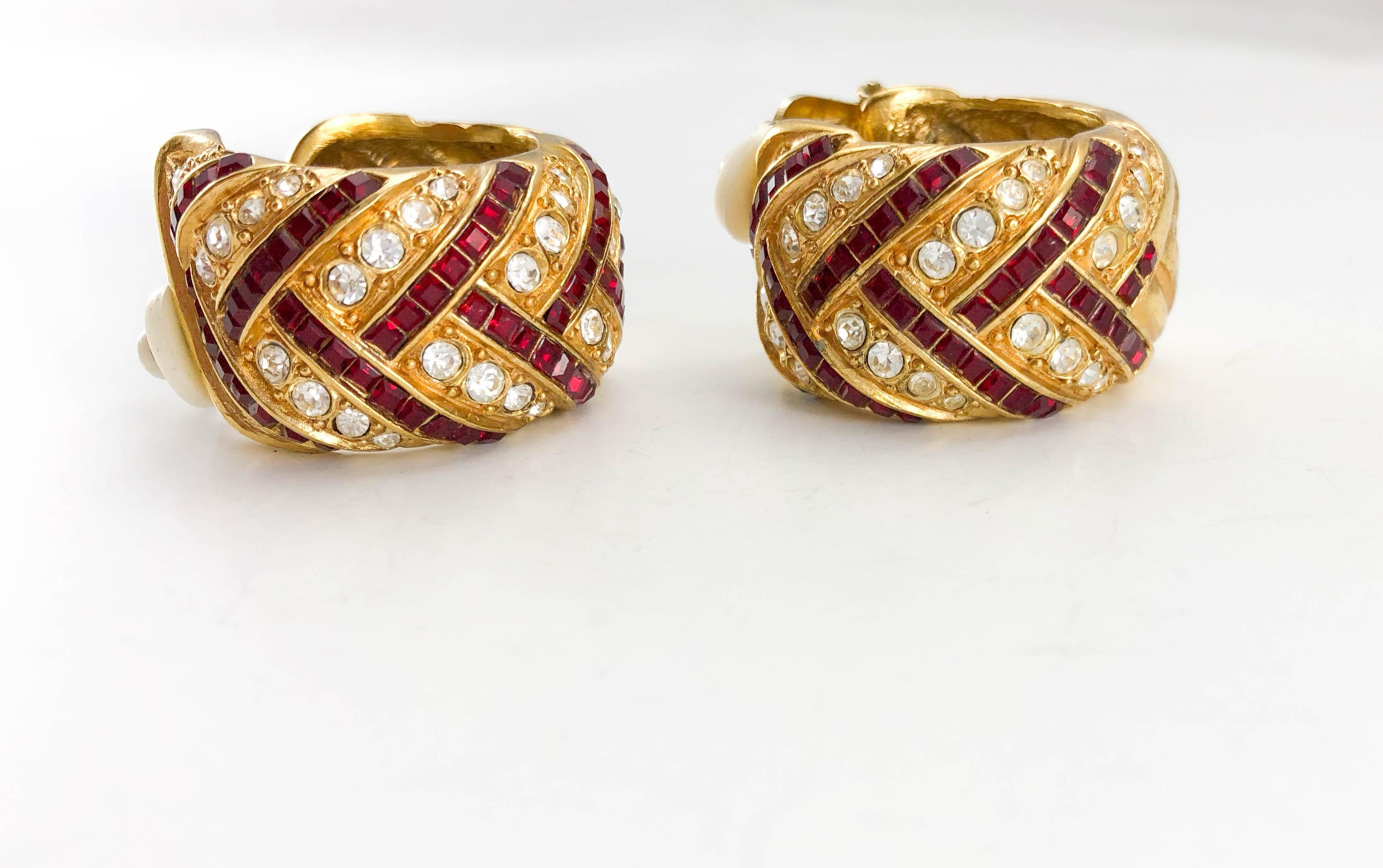 1980's Yves Saint Laurent Crystal Embellished Gold-Plated Hoop Earrings In Excellent Condition In London, Chelsea