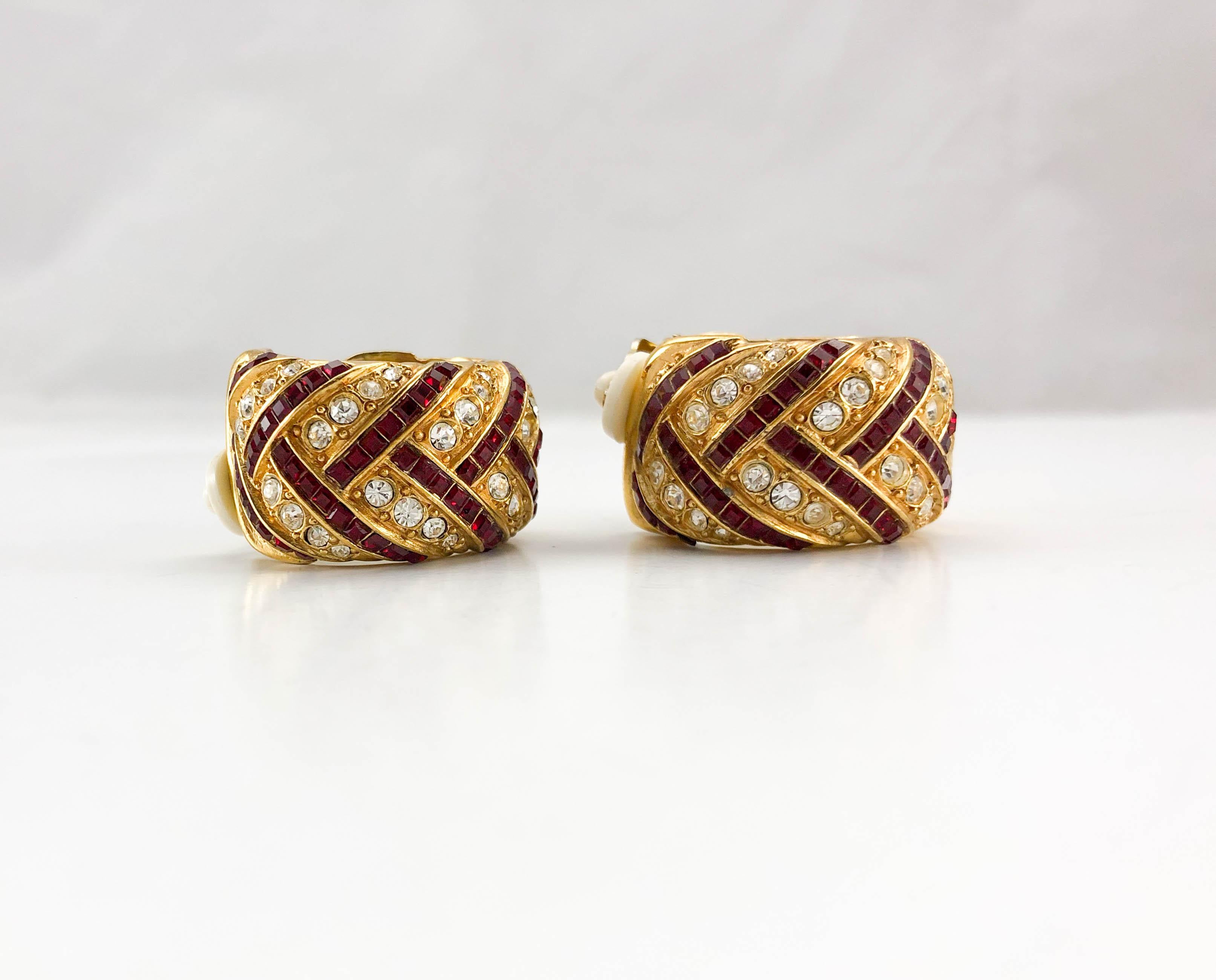 1980's Yves Saint Laurent Crystal Embellished Gold-Plated Hoop Earrings 2