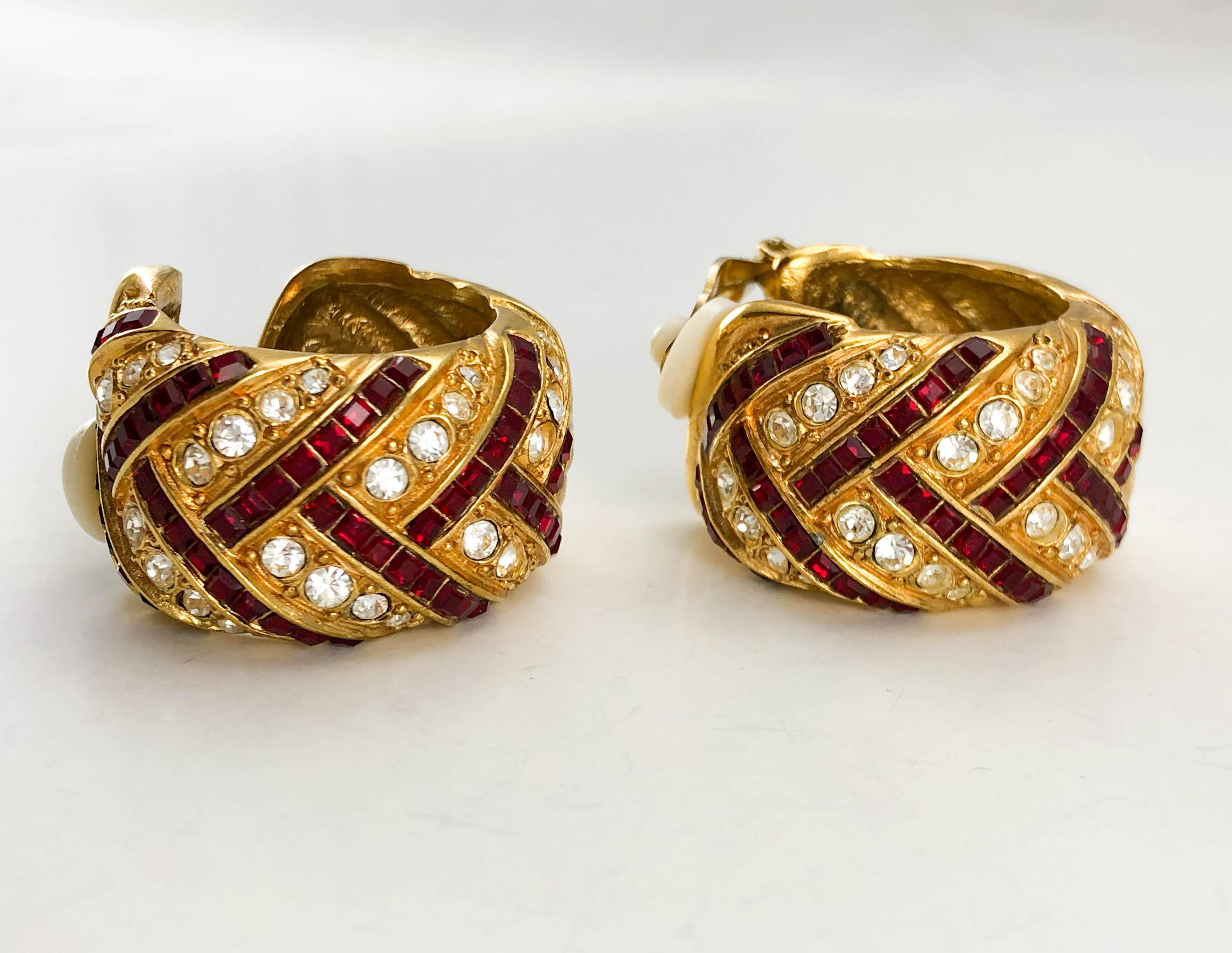 1980's Yves Saint Laurent Crystal Embellished Gold-Plated Hoop Earrings 4