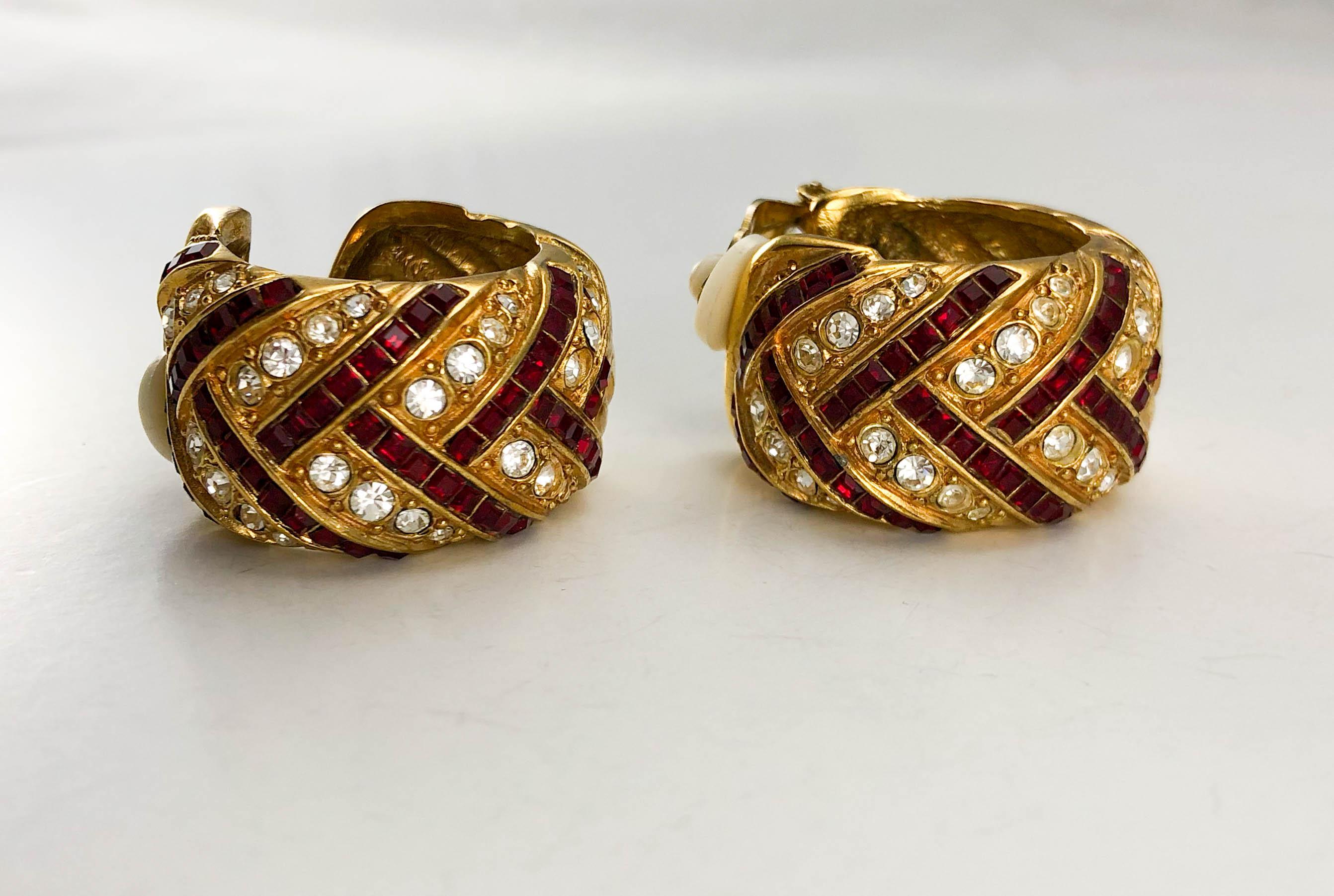 1980's Yves Saint Laurent Crystal Embellished Gold-Plated Hoop Earrings 5