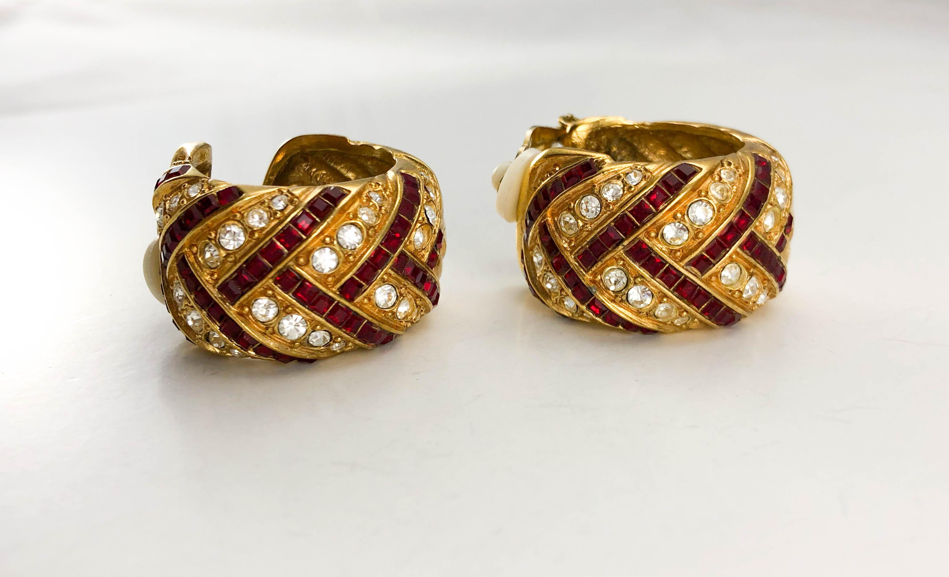 1980's Yves Saint Laurent Crystal Embellished Gold-Plated Hoop Earrings 6