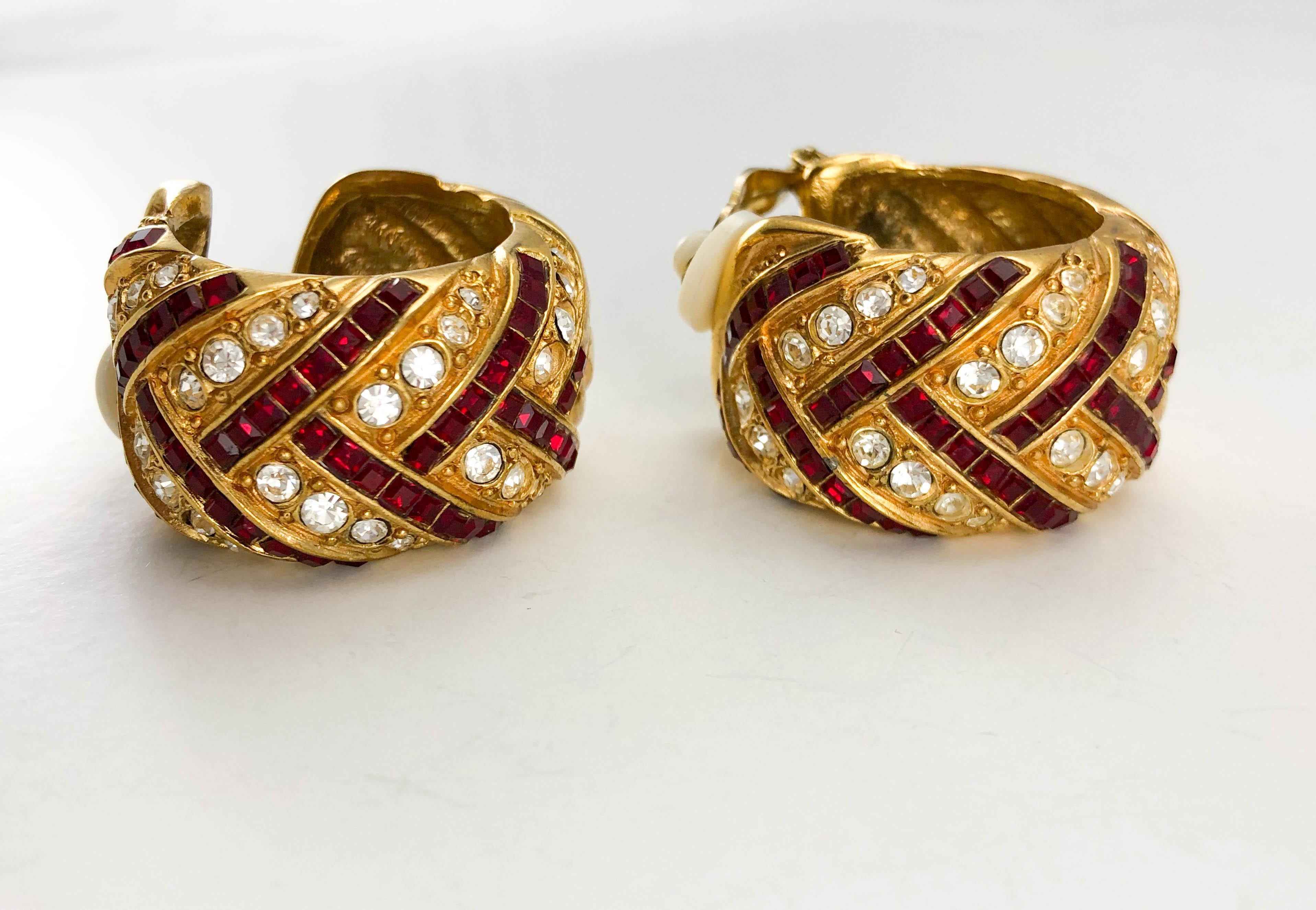 1980's Yves Saint Laurent Crystal Embellished Gold-Plated Hoop Earrings 7