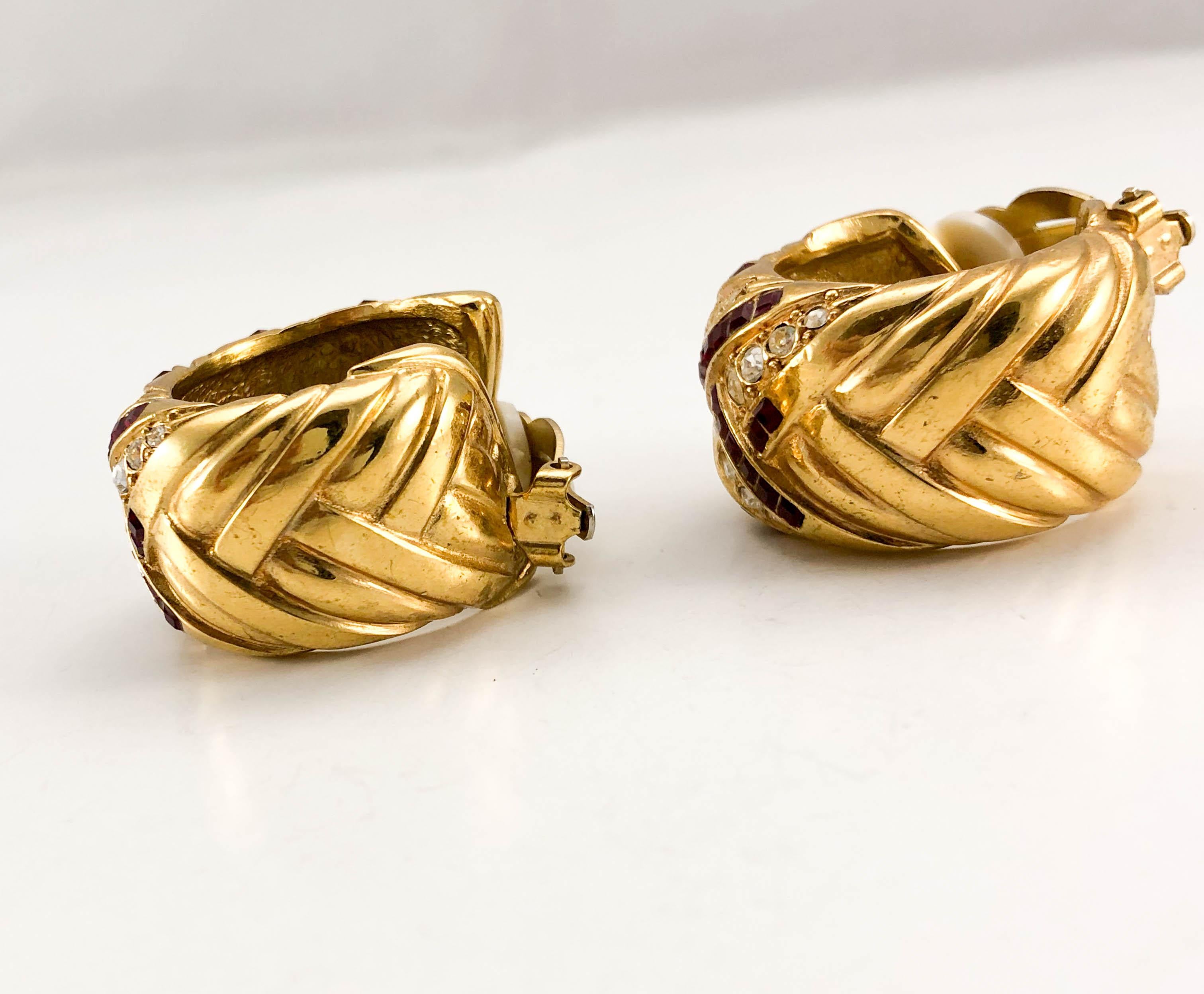 1980's Yves Saint Laurent Crystal Embellished Gold-Plated Hoop Earrings 8