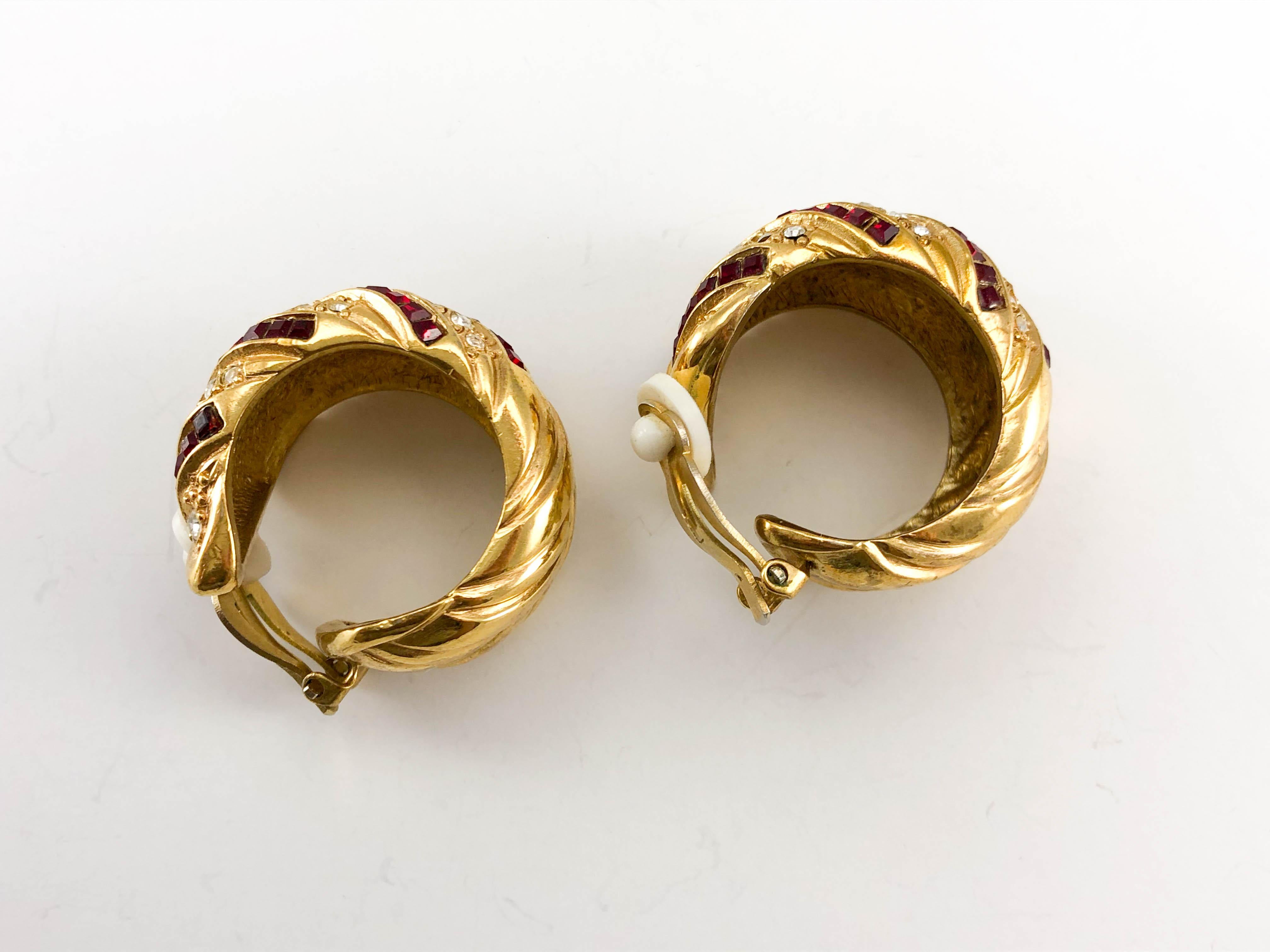 1980's Yves Saint Laurent Crystal Embellished Gold-Plated Hoop Earrings 9
