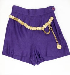 1990's Moschino Royal Purple Linen Shorts With Attached Gilt Coin Belt