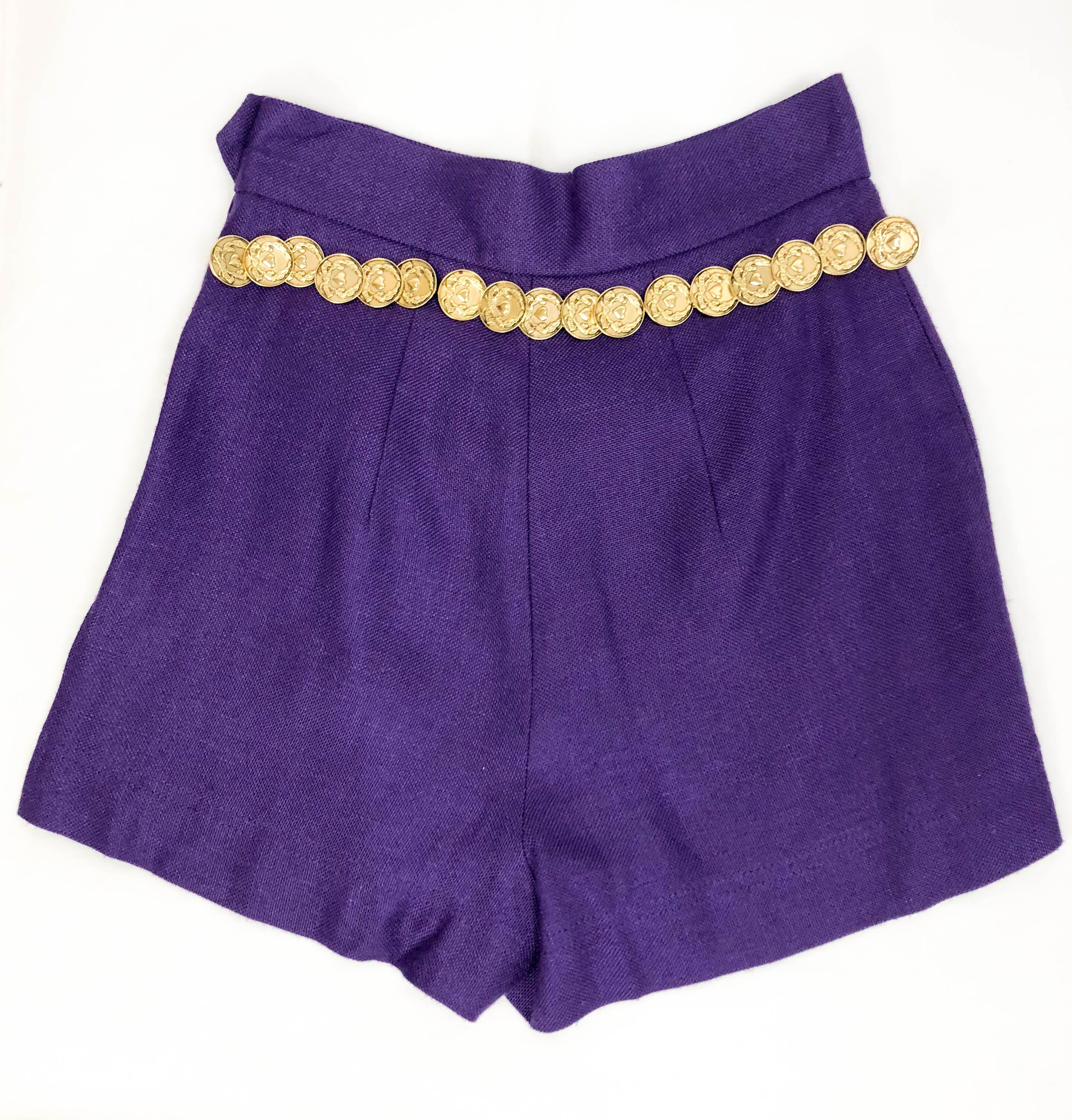 1990's Moschino Royal Purple Linen Shorts With Attached Gilt Coin Belt For Sale 1