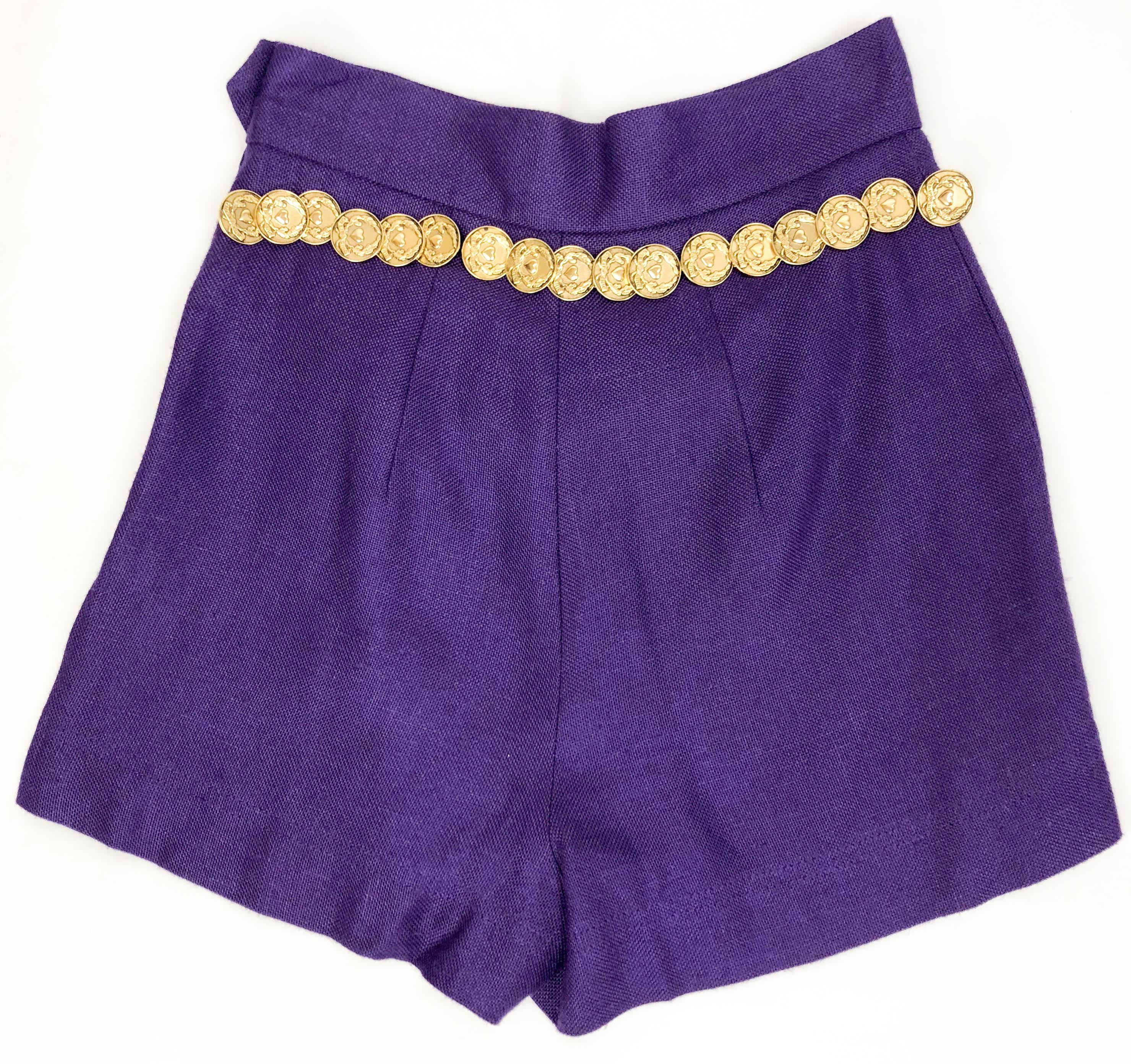 1990's Moschino Royal Purple Linen Shorts With Attached Gilt Coin Belt For Sale 2