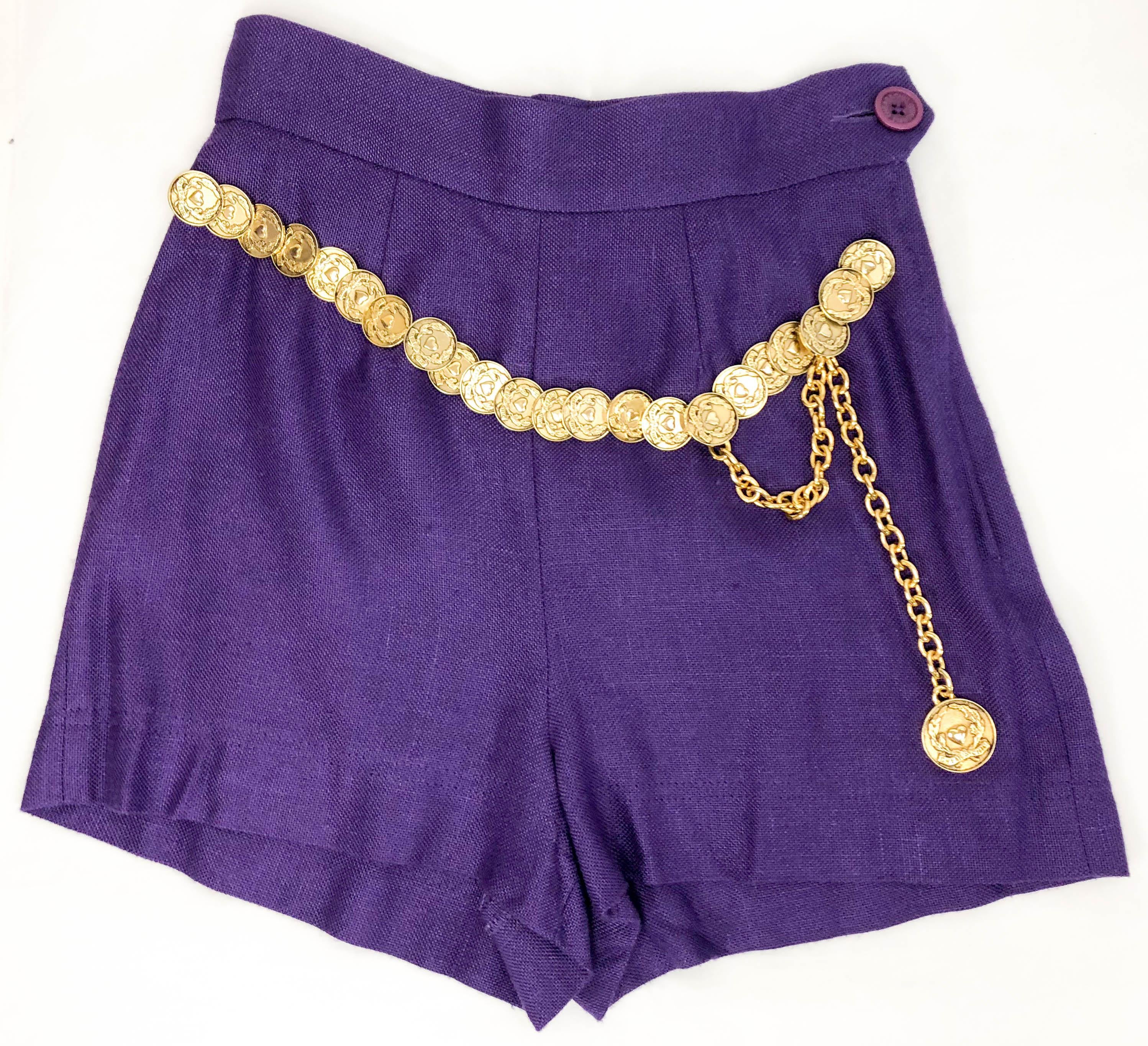 Women's 1990's Moschino Royal Purple Linen Shorts With Attached Gilt Coin Belt For Sale