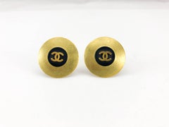 1994 Chanel Brushed Gold-Tone and Black Logo Earrings