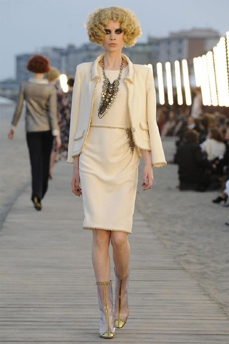 2010 Unworn Chanel Runway Cream Jacket and Dress Ensemble With Gold Thread Trim 12