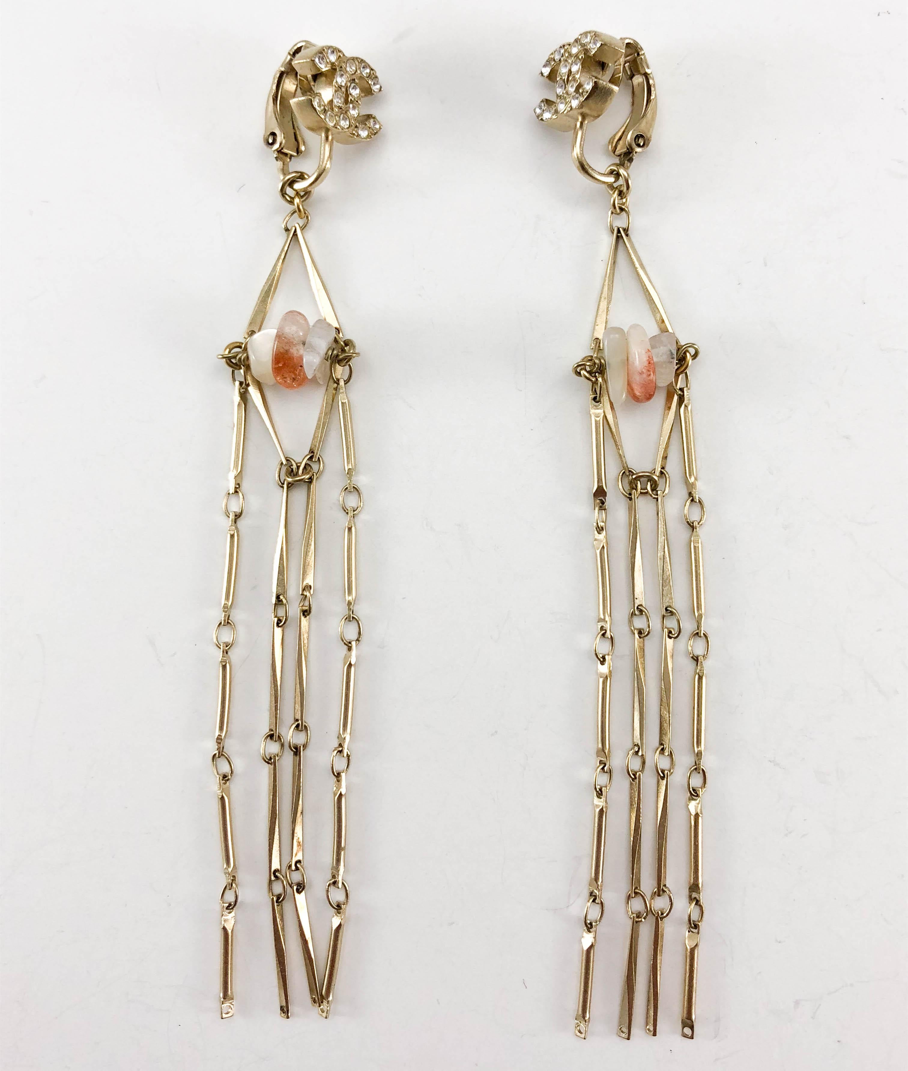 2011 Chanel Long Gilt Dangling Logo Earrings With Agate Pebbles For Sale 1