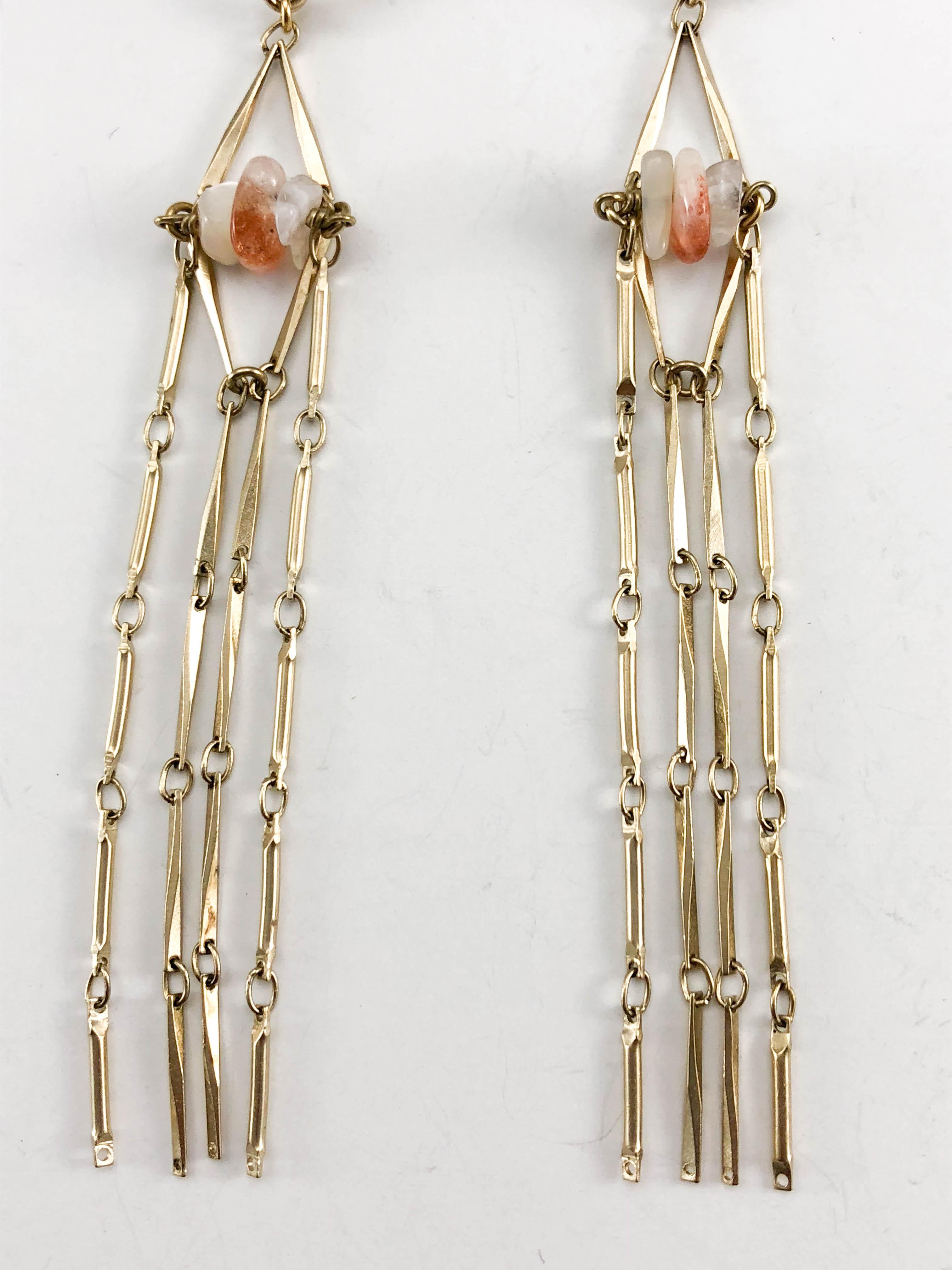 2011 Chanel Long Gilt Dangling Logo Earrings With Agate Pebbles For Sale 5