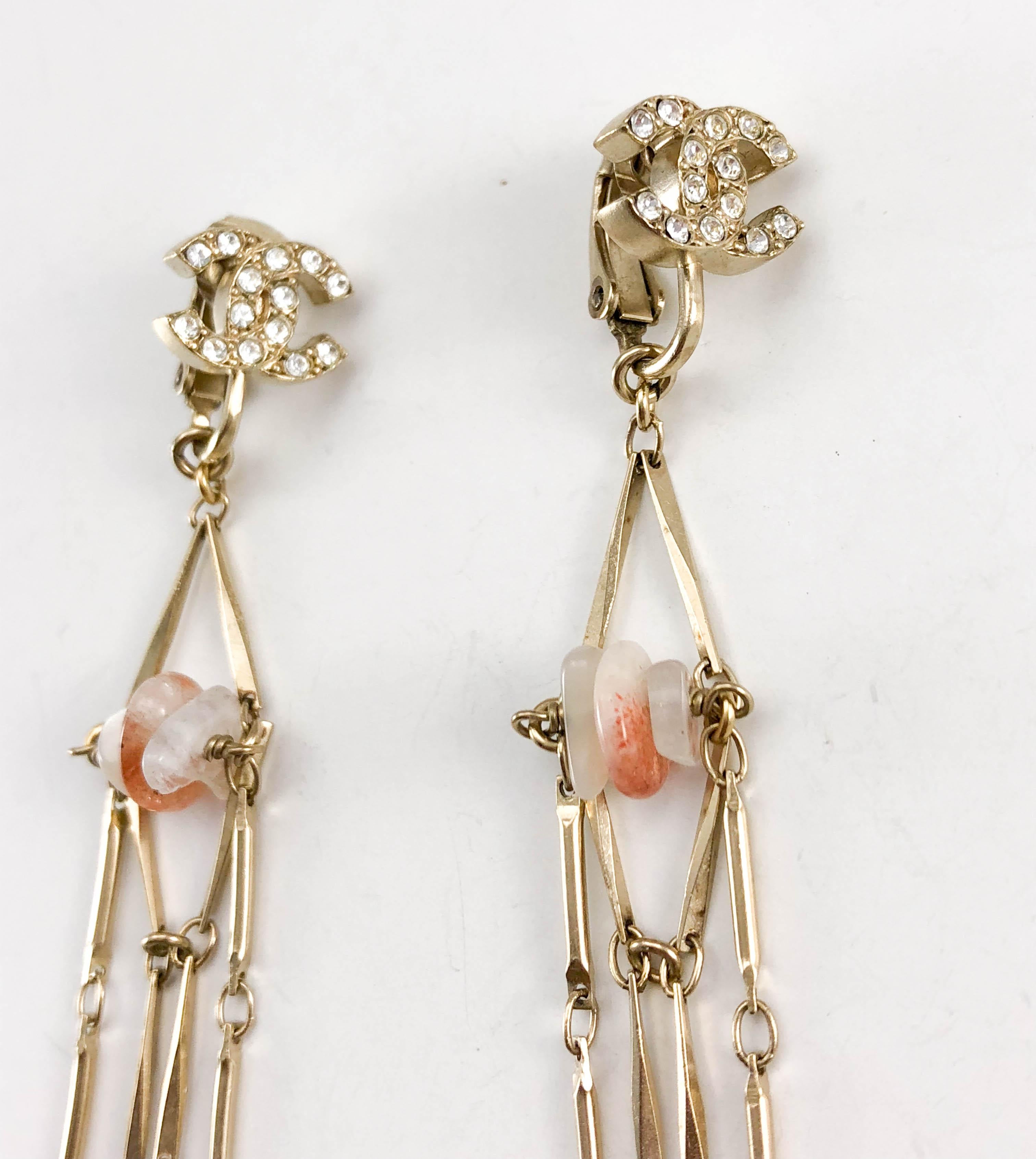 2011 Chanel Long Gilt Dangling Logo Earrings With Agate Pebbles For Sale 3