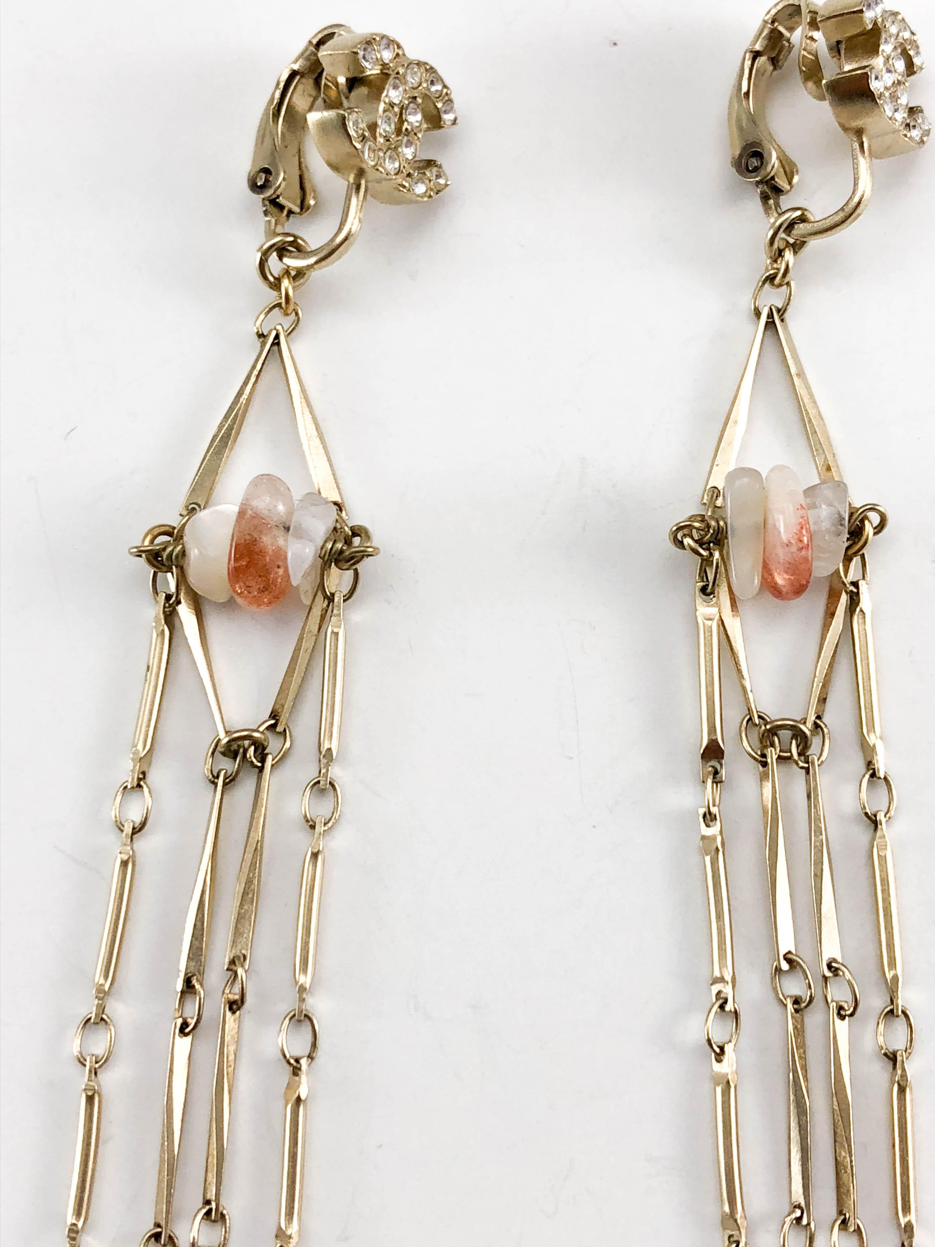 2011 Chanel Long Gilt Dangling Logo Earrings With Agate Pebbles For Sale 4