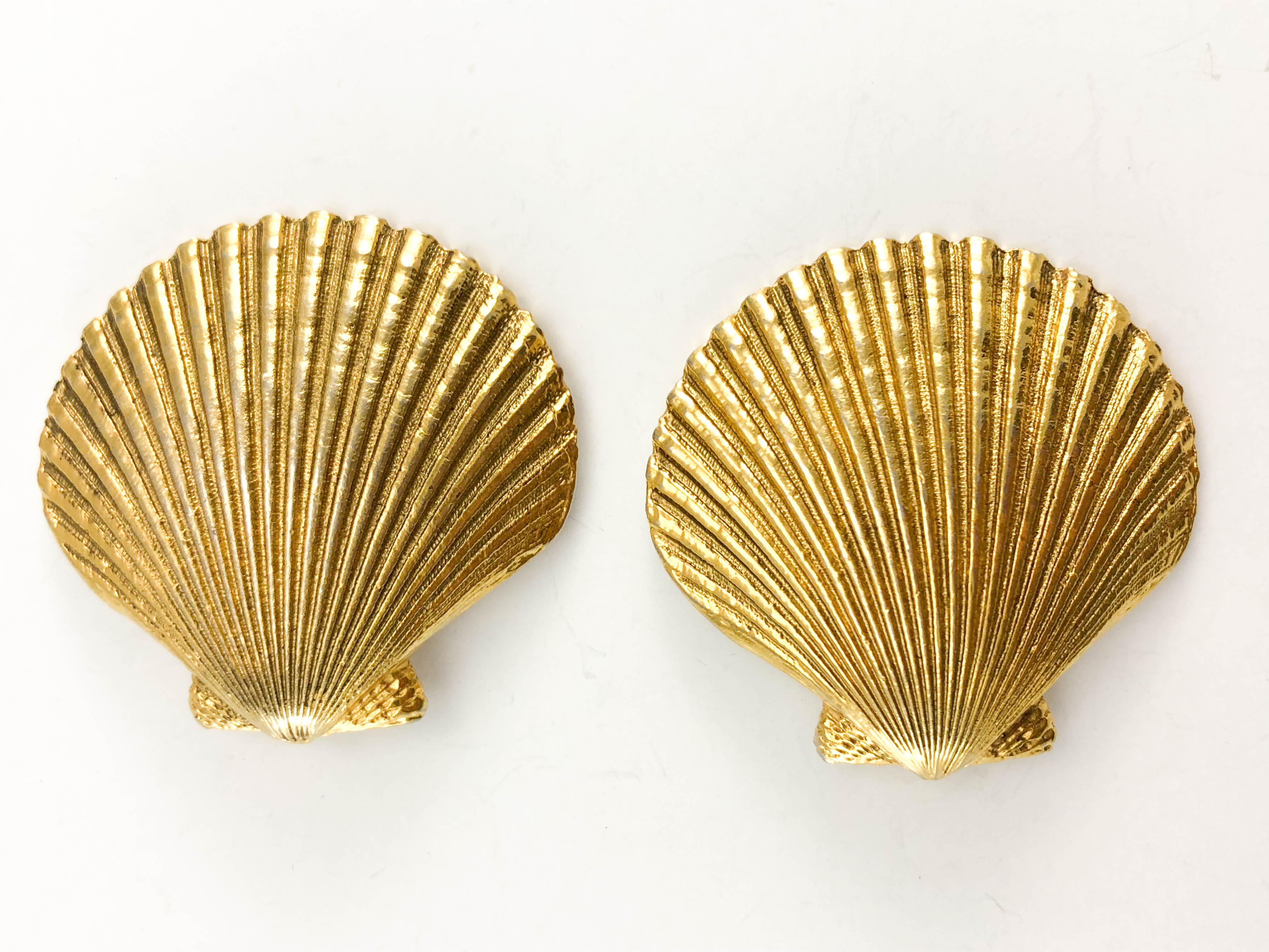 1980's Yves Saint Laurent Gilt Seashell Earrings For Sale 2
