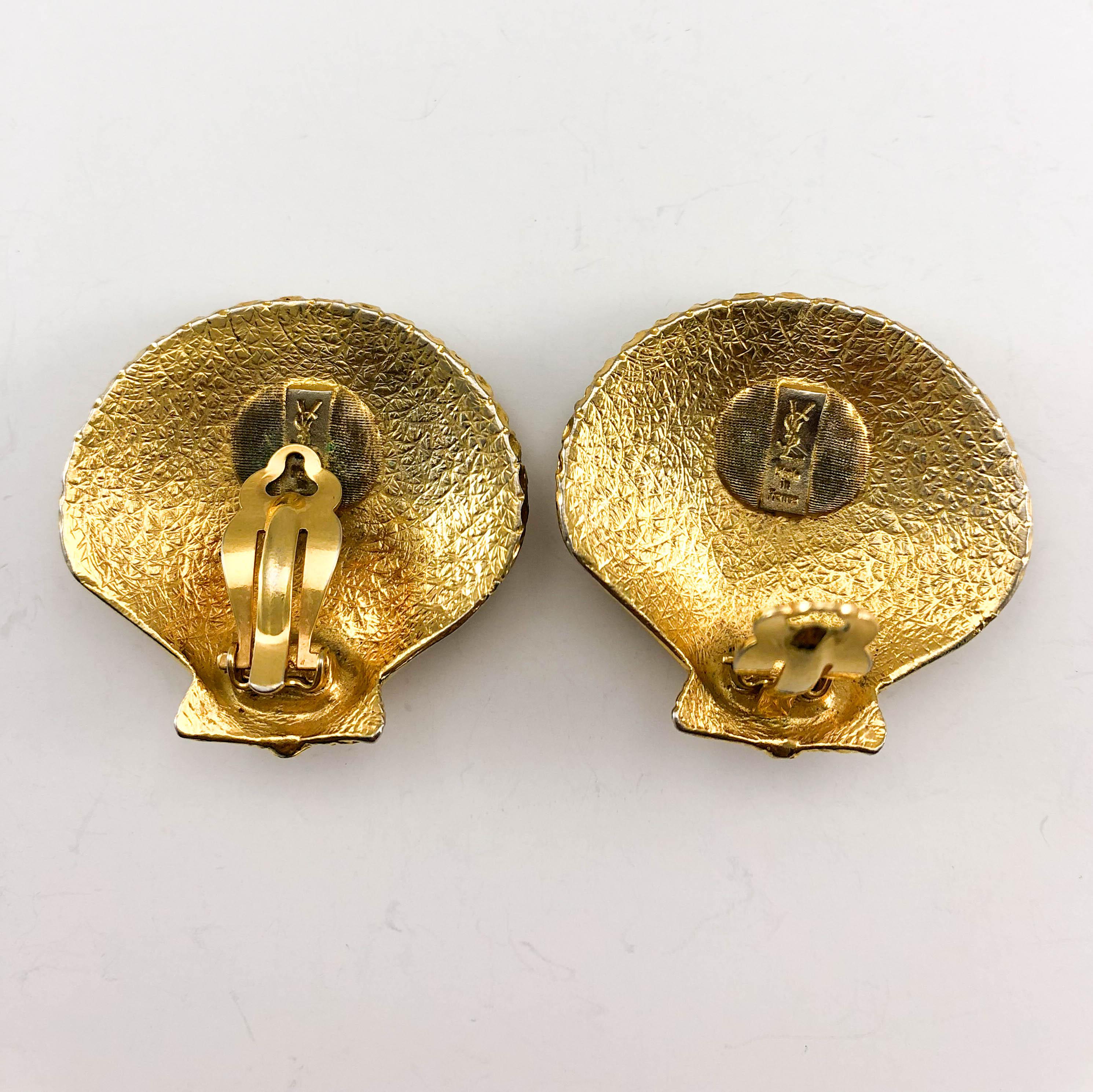 1980's Yves Saint Laurent Gilt Seashell Earrings For Sale 4