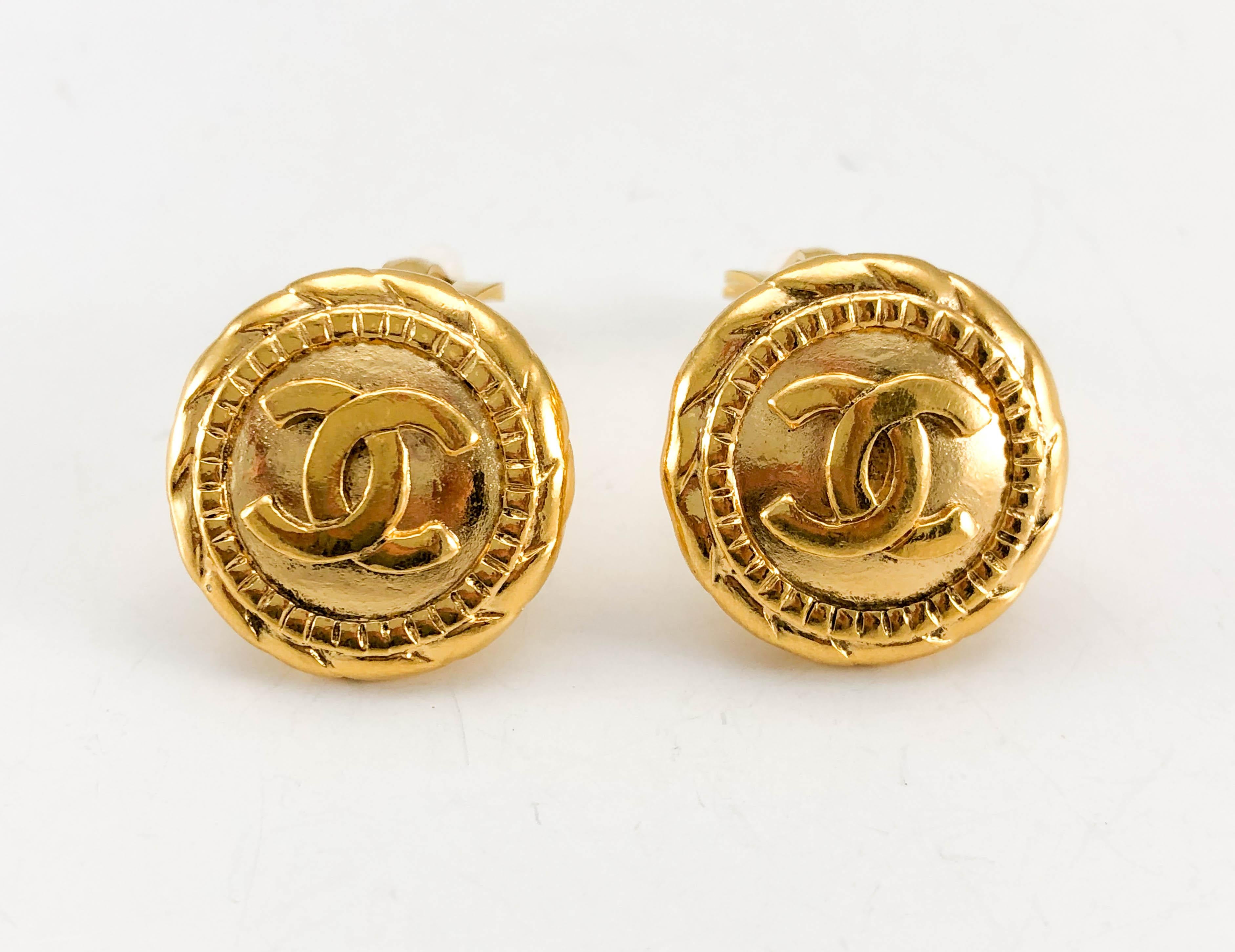 Women's 1980's Chanel Gold-Plated Numbered Round Logo Earrings