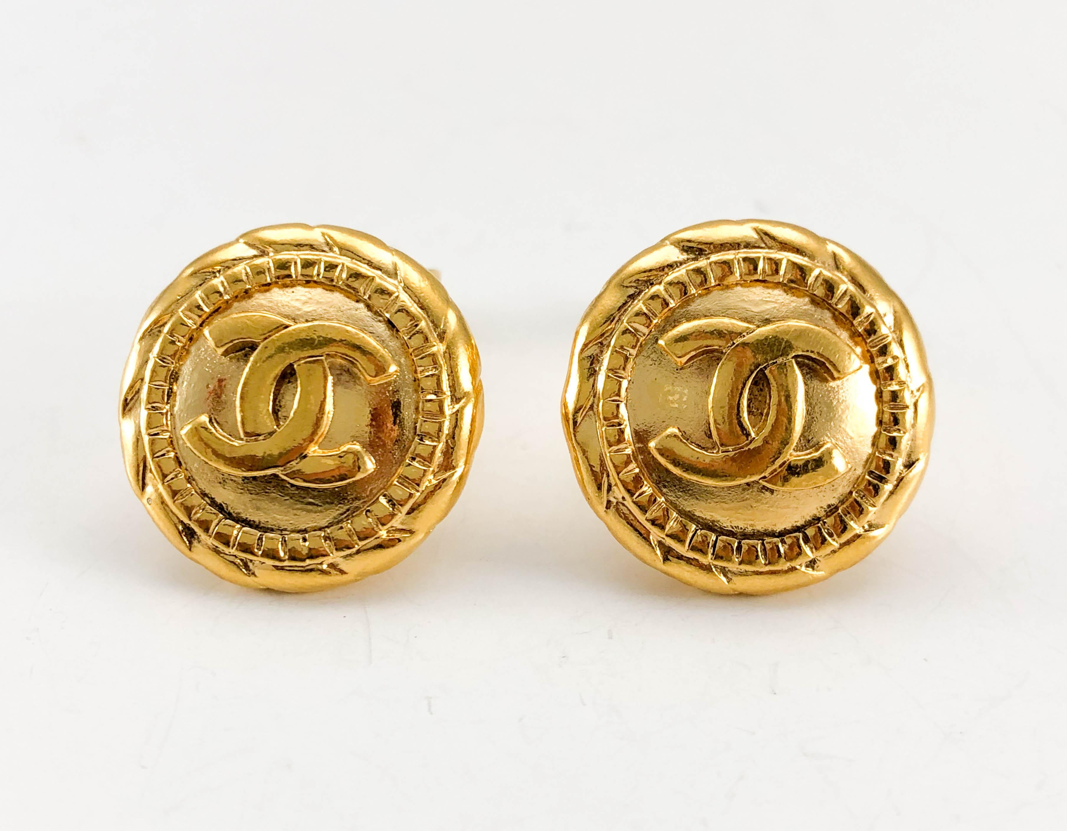 1980's Chanel Gold-Plated Numbered Round Logo Earrings 2