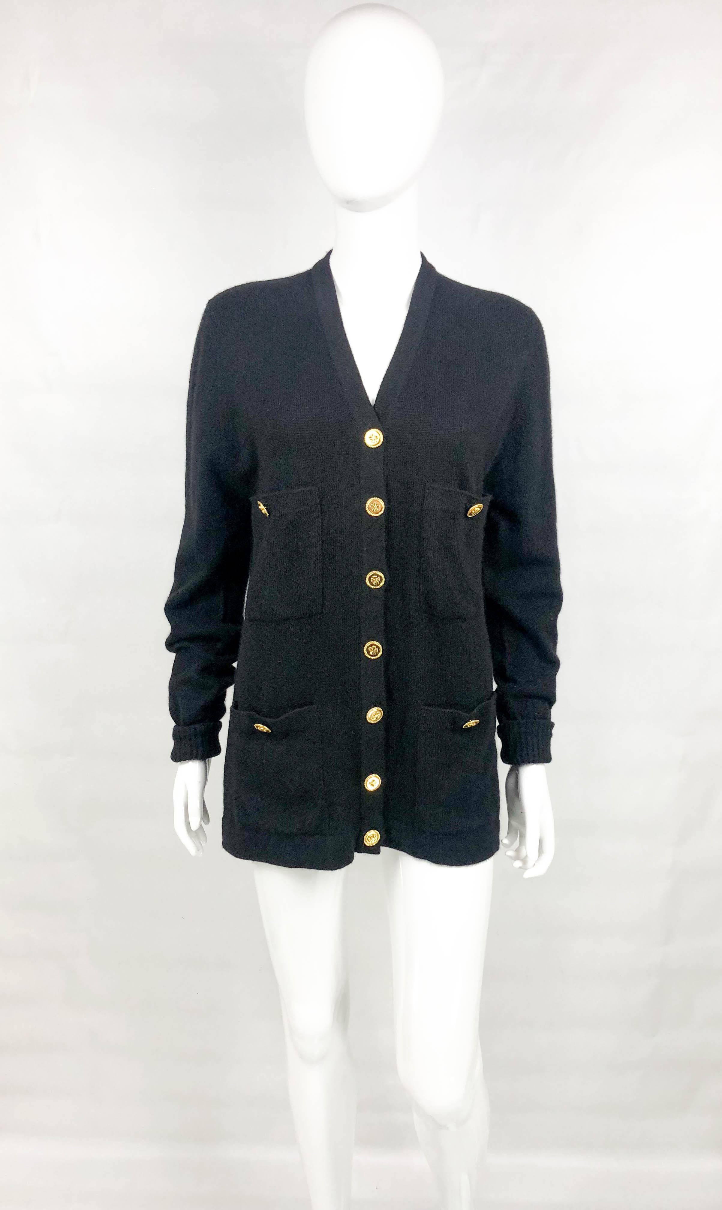 1990's Chanel Black Cashmere Cardigan With Gilt Buttons In Excellent Condition In London, Chelsea
