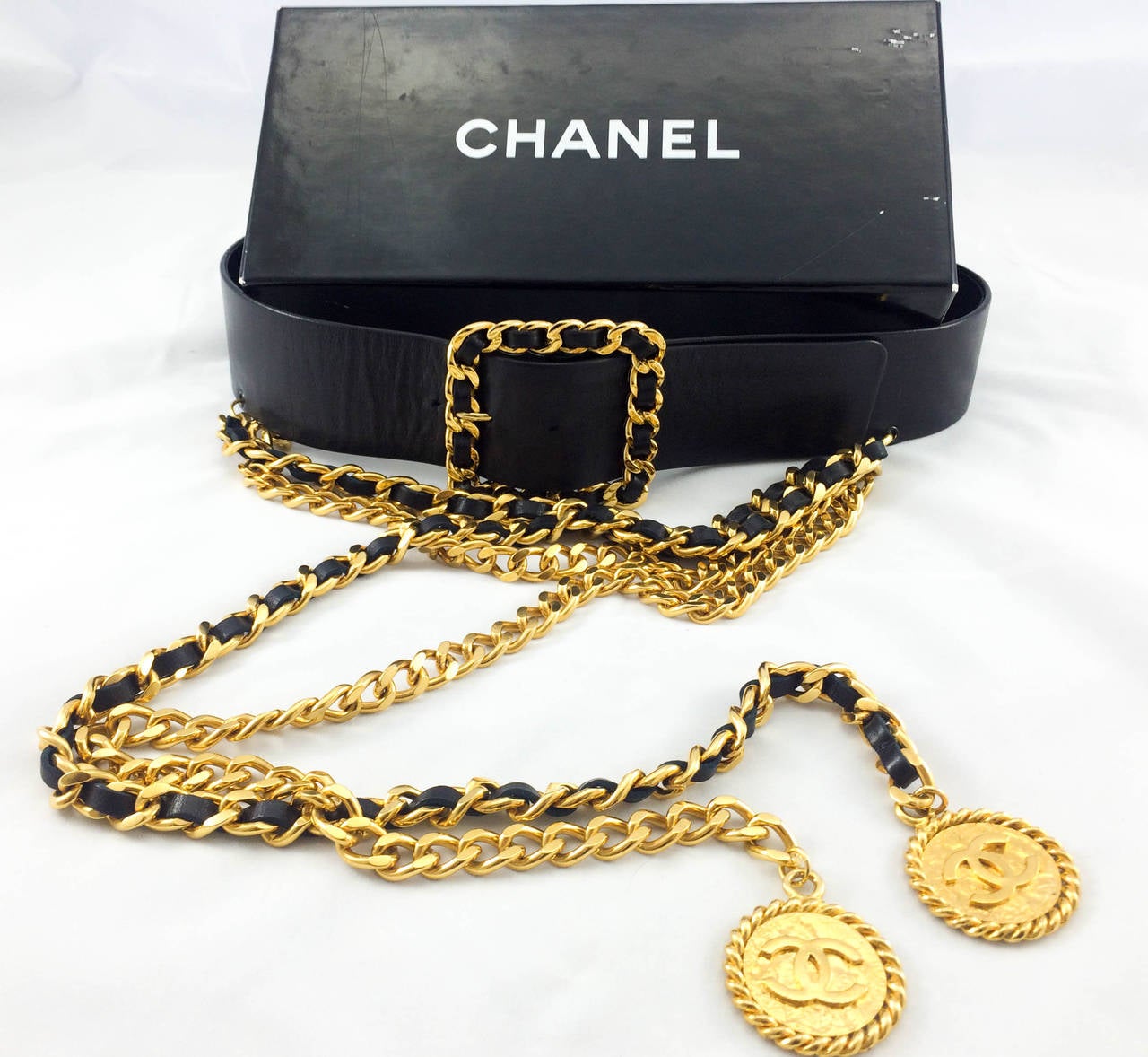 Chanel 1992 Runway Black Leather and Gold Tone Metal Belt at 1stDibs