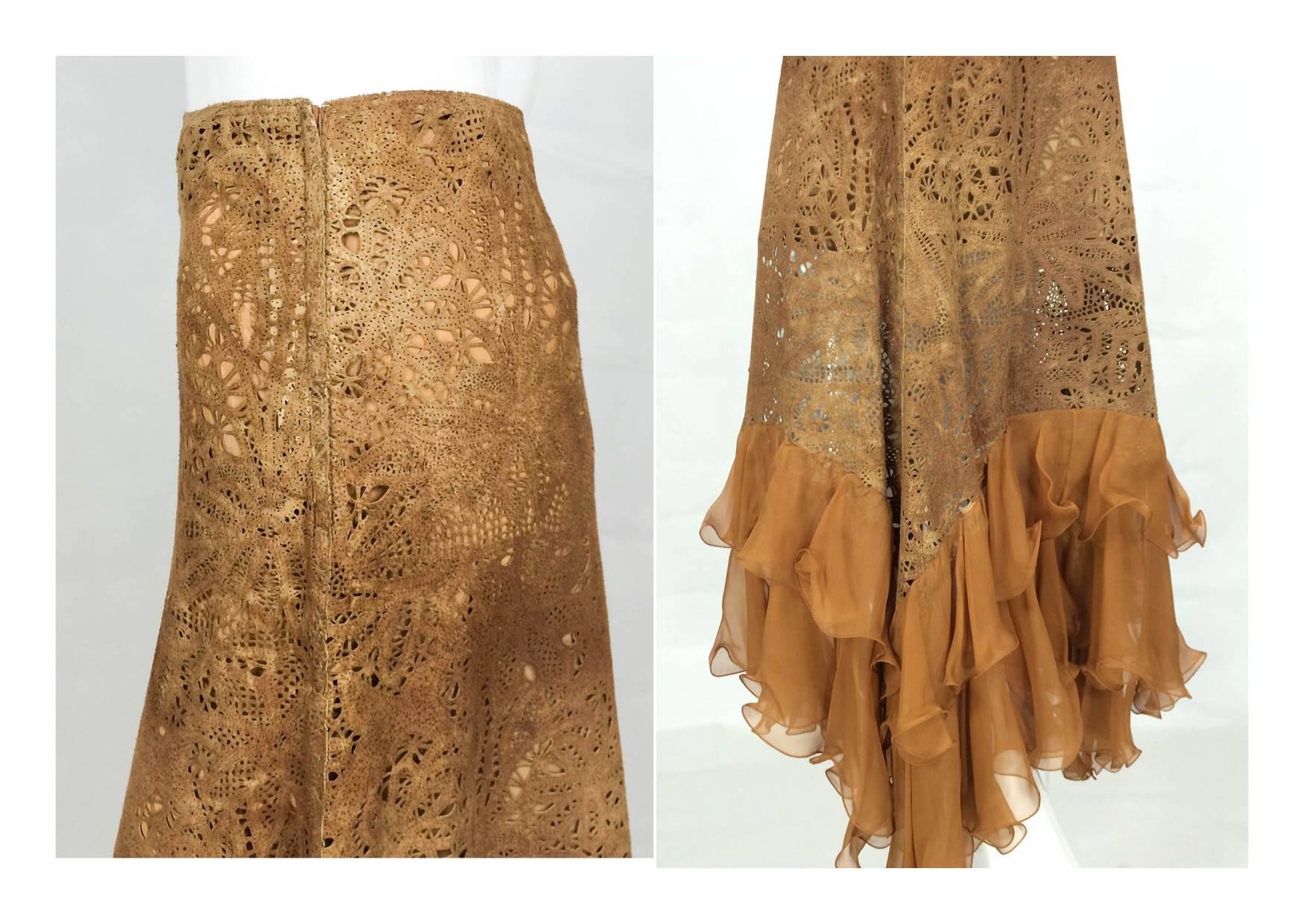 Emanuel Ungaro Suede Lace and Silk Ruffles Skirt - 1990s 3