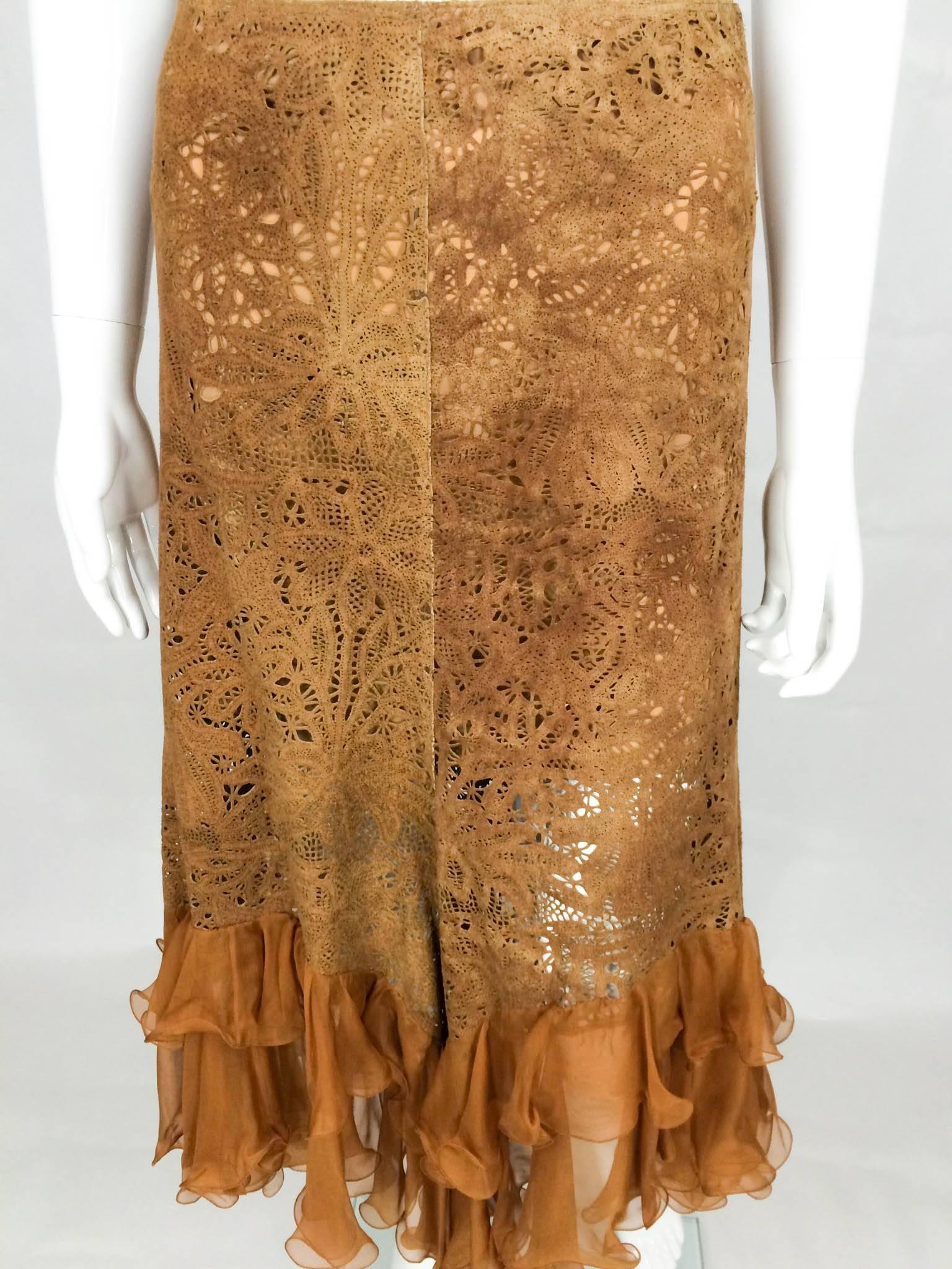 Brown Emanuel Ungaro Suede Lace and Silk Ruffles Skirt - 1990s