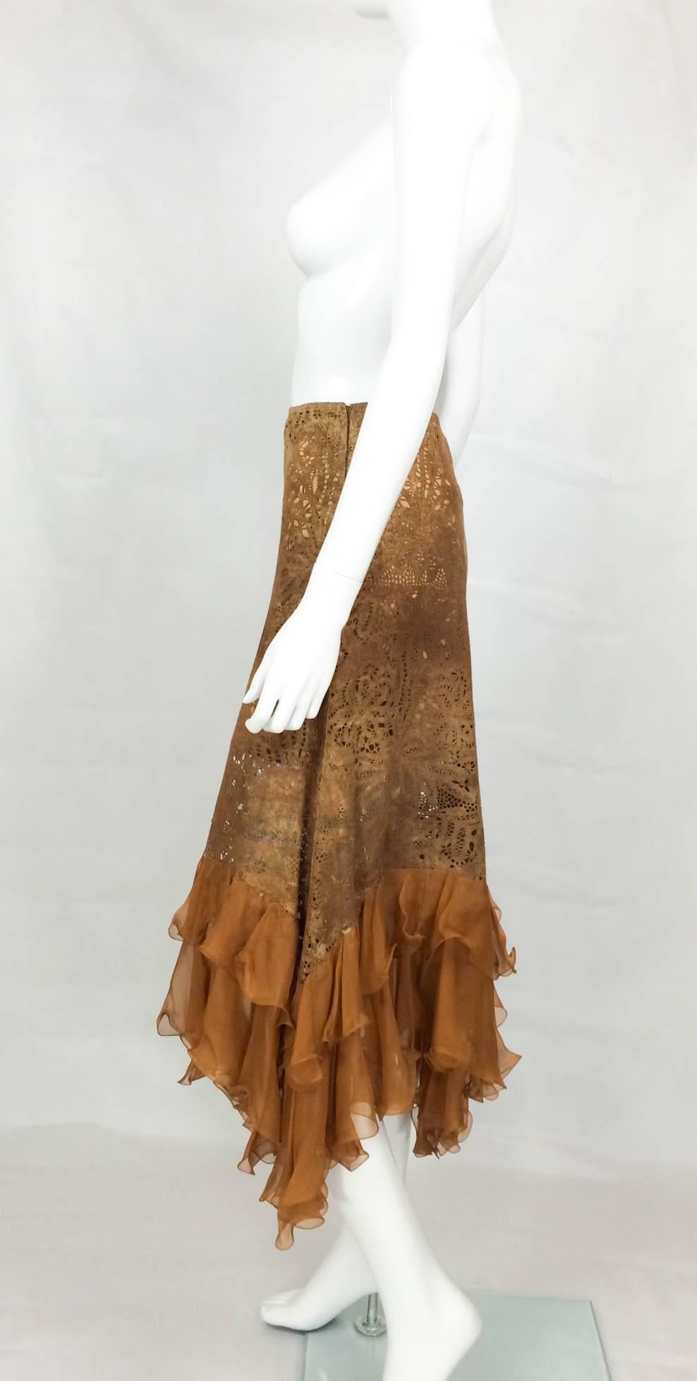 Emanuel Ungaro Suede Lace and Silk Ruffles Skirt - 1990s In Good Condition In London, Chelsea