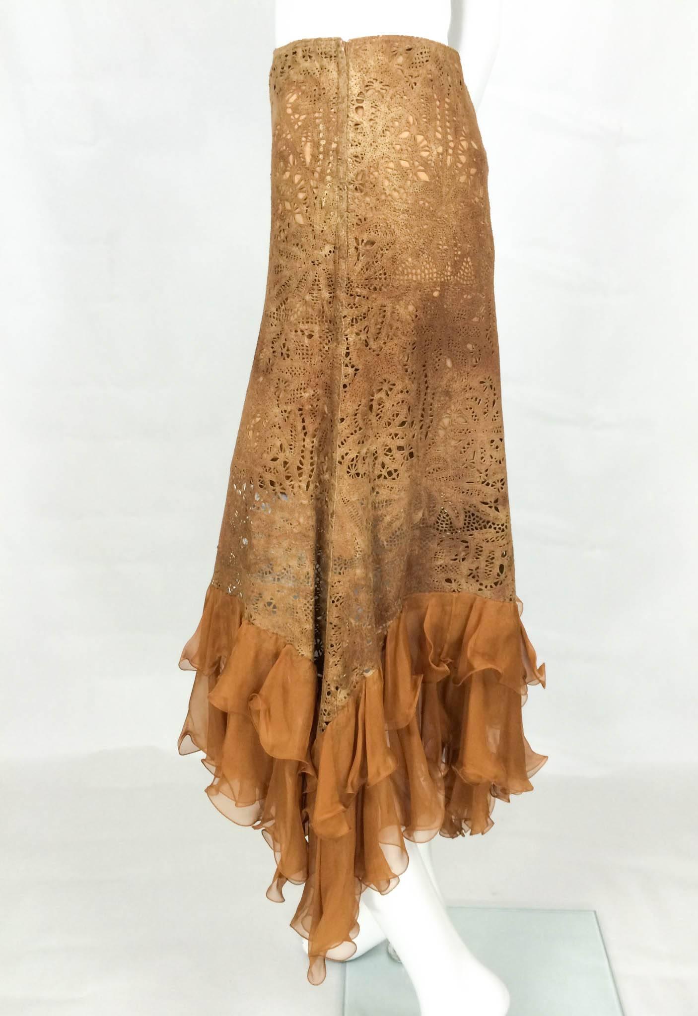 Women's Emanuel Ungaro Suede Lace and Silk Ruffles Skirt - 1990s