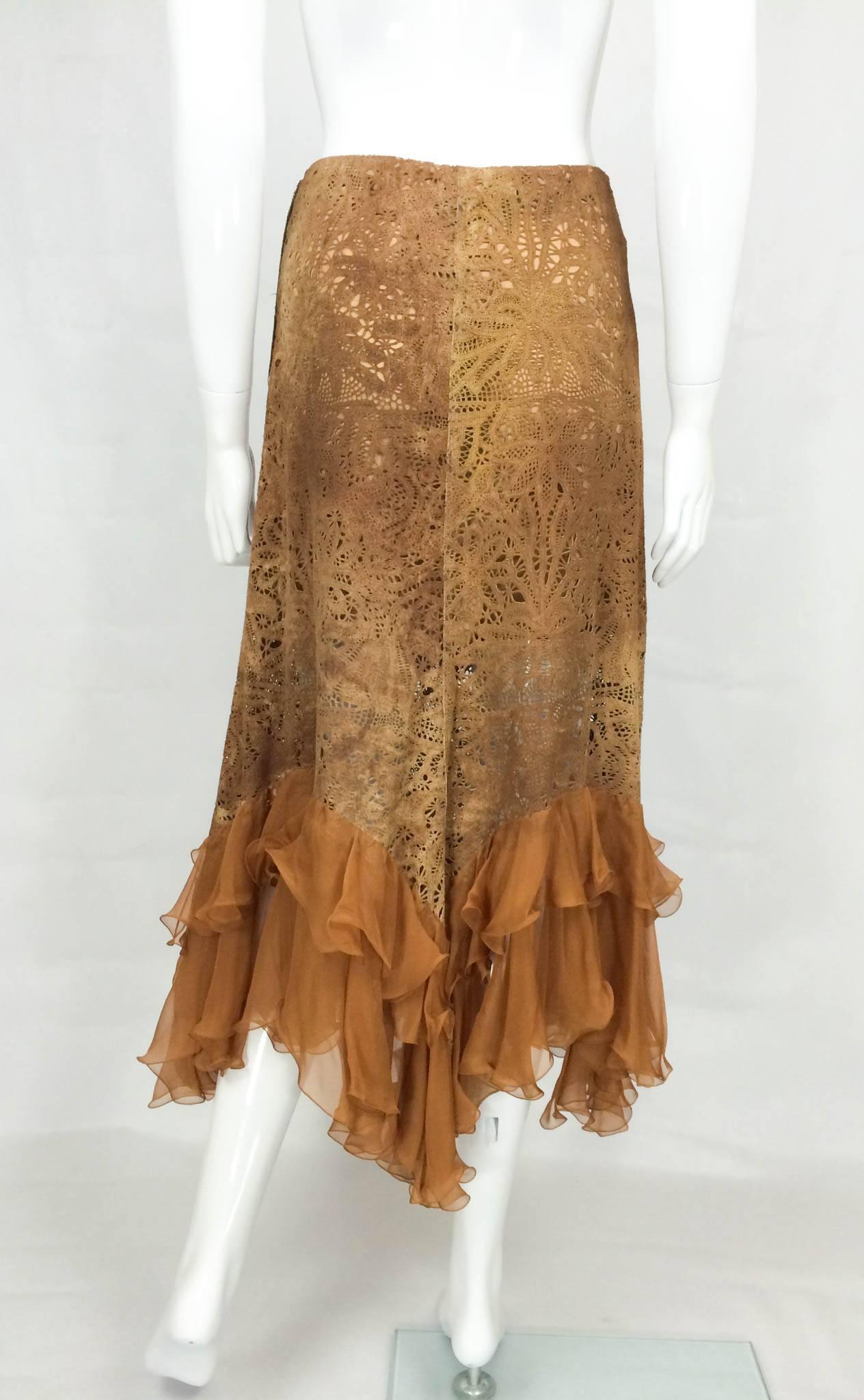 Emanuel Ungaro Suede Lace and Silk Ruffles Skirt - 1990s 1