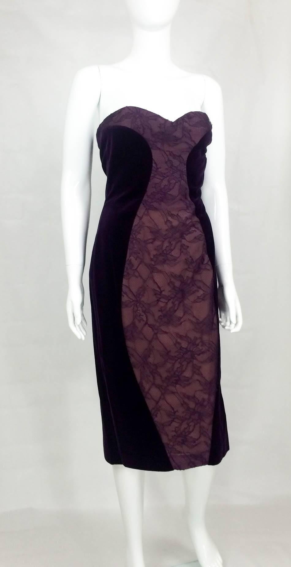 Stylish Paco Rabanne Velvet and Lace Dress. This great looking dress was made, we believe, as a prototype in the late 70s, early 80s. In purple velvet and lace it a very clever panel technique that gives a beautiful and sexy silhouette. This