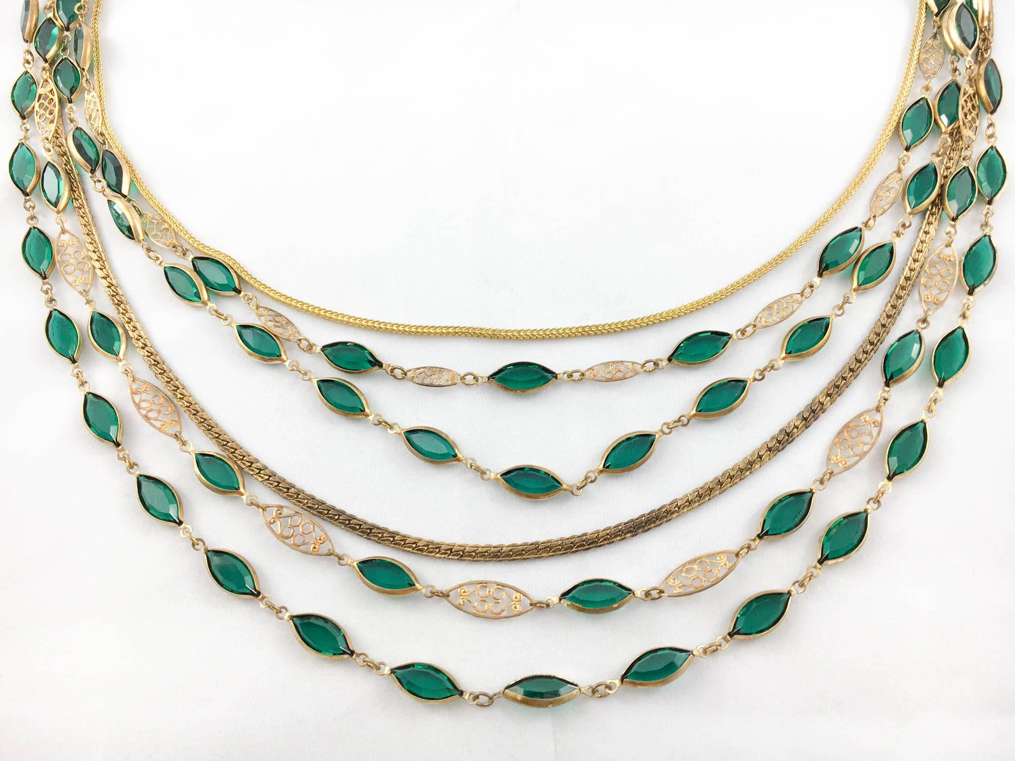 Women's Multi-Strand Gold-Toned and Green Paste Necklace - 1940s/1950s For Sale