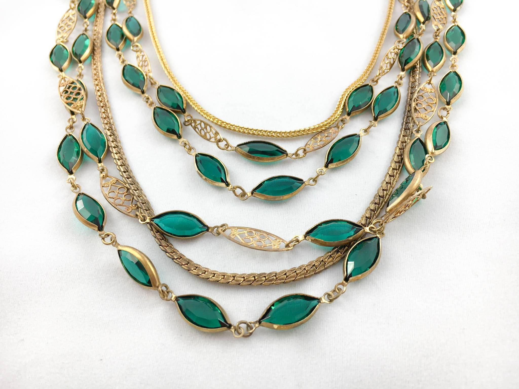 Multi-Strand Gold-Toned and Green Paste Necklace - 1940s/1950s For Sale 1