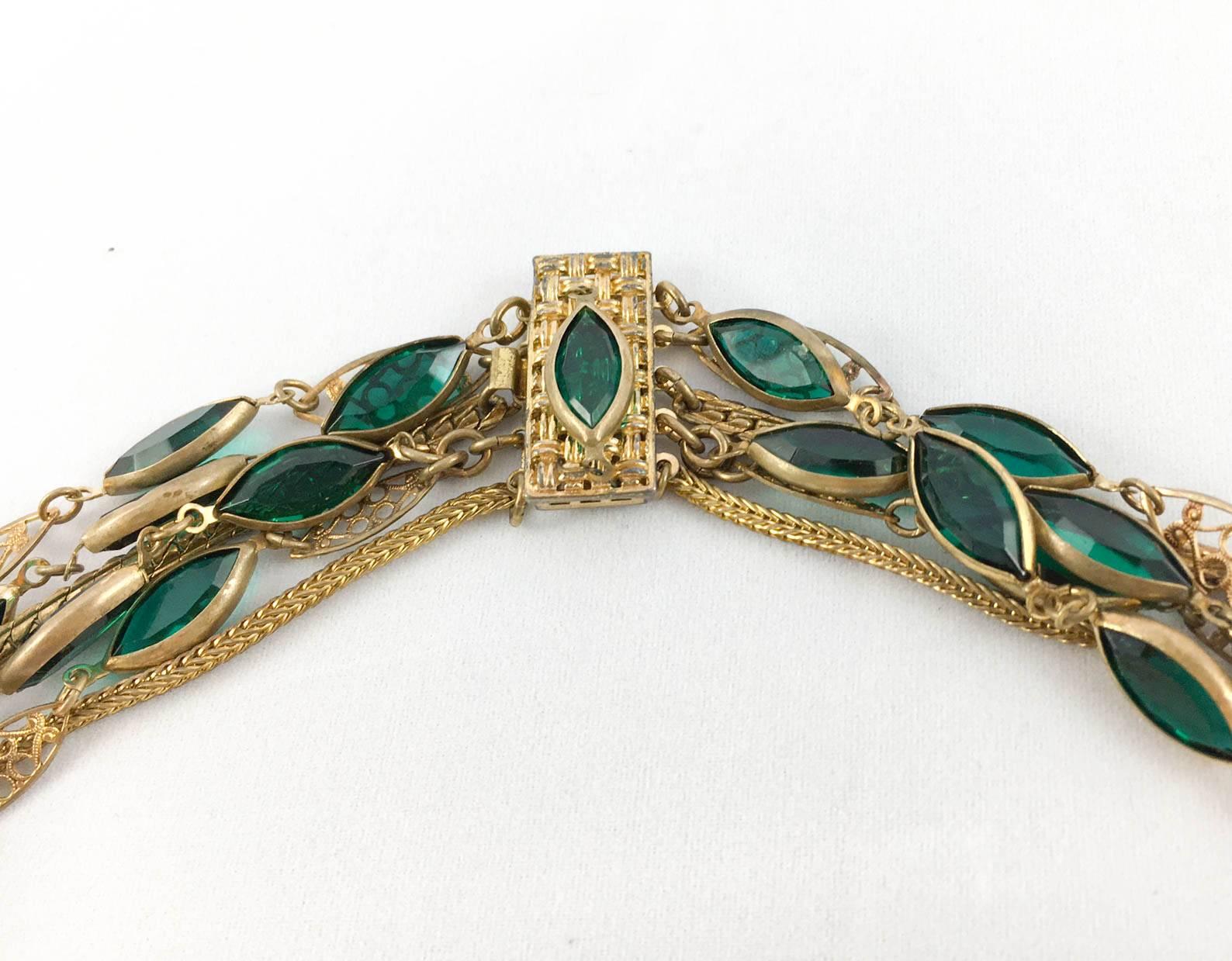 Multi-Strand Gold-Toned and Green Paste Necklace - 1940s/1950s For Sale 2