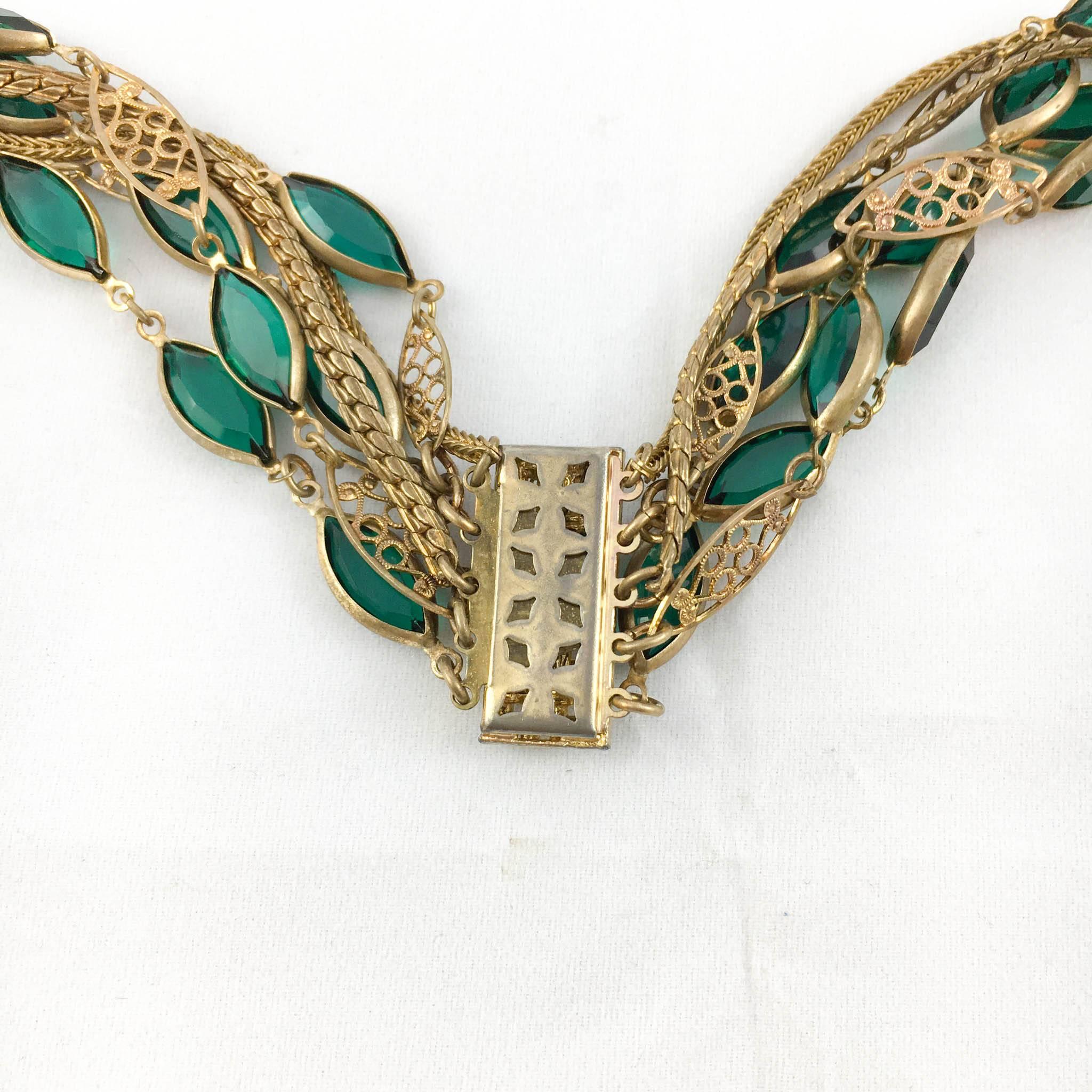 Multi-Strand Gold-Toned and Green Paste Necklace - 1940s/1950s For Sale 3