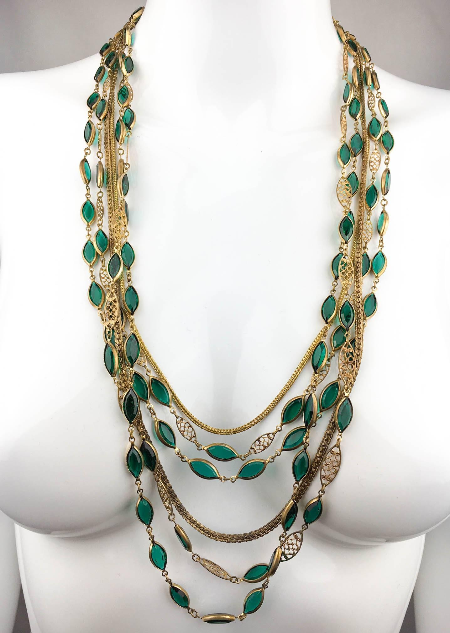 Multi-Strand Gold-Toned and Green Paste Necklace - 1940s/1950s For Sale 4