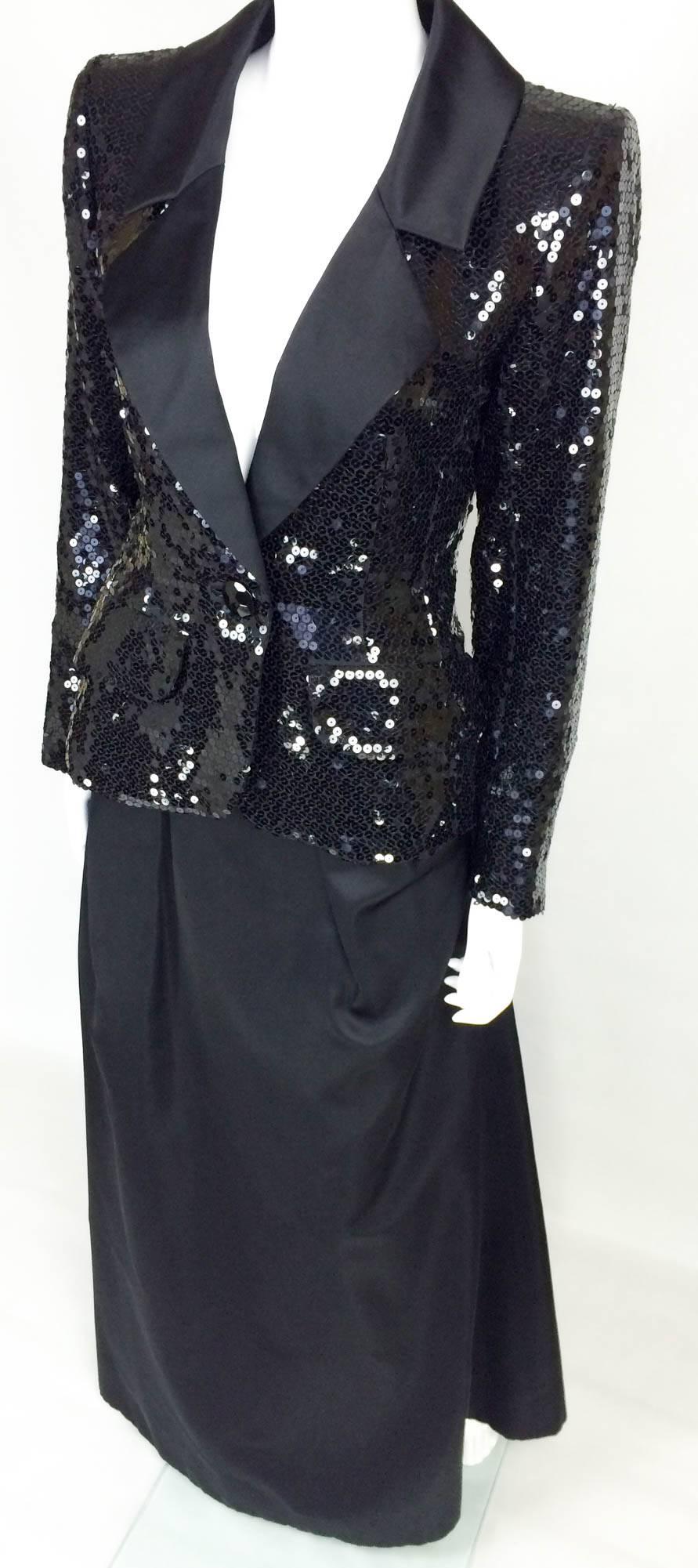 Black Yves Saint Laurent Le Smoking Sequin Jacket, Long and Short Satin Skirts - 1980 For Sale