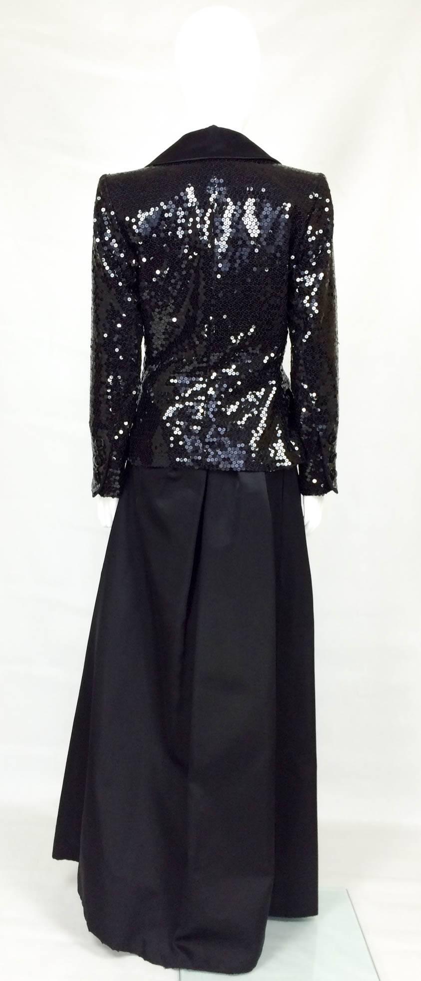 Women's Yves Saint Laurent Le Smoking Sequin Jacket, Long and Short Satin Skirts - 1980 For Sale