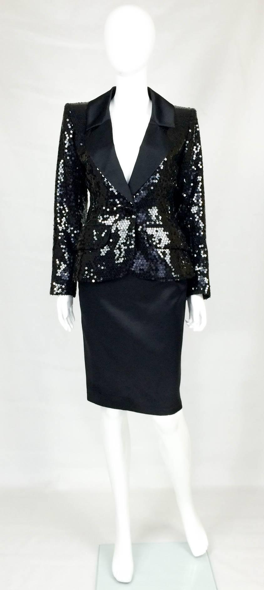 Yves Saint Laurent Le Smoking Sequin Jacket, Long and Short Satin Skirts - 1980 For Sale 1