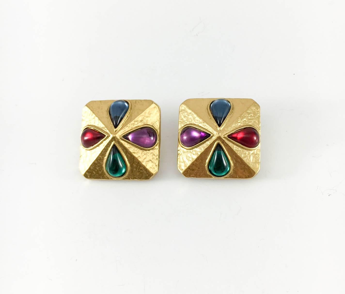 Vintage Yves Saint Laurent Gripoix Gold-Plated Clip-on Earring. These gorgeous Yves Saint Laurent earrings by Robert Goossens are gold-plated and feature deep emerald green, ruby red, amethyst purple and aqua marine blue Gripoix (poured glass)