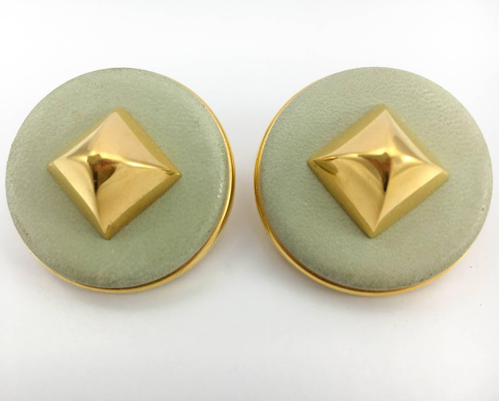 Hermes Pale Green Medor Leather Stud Earrings - 1980s 1