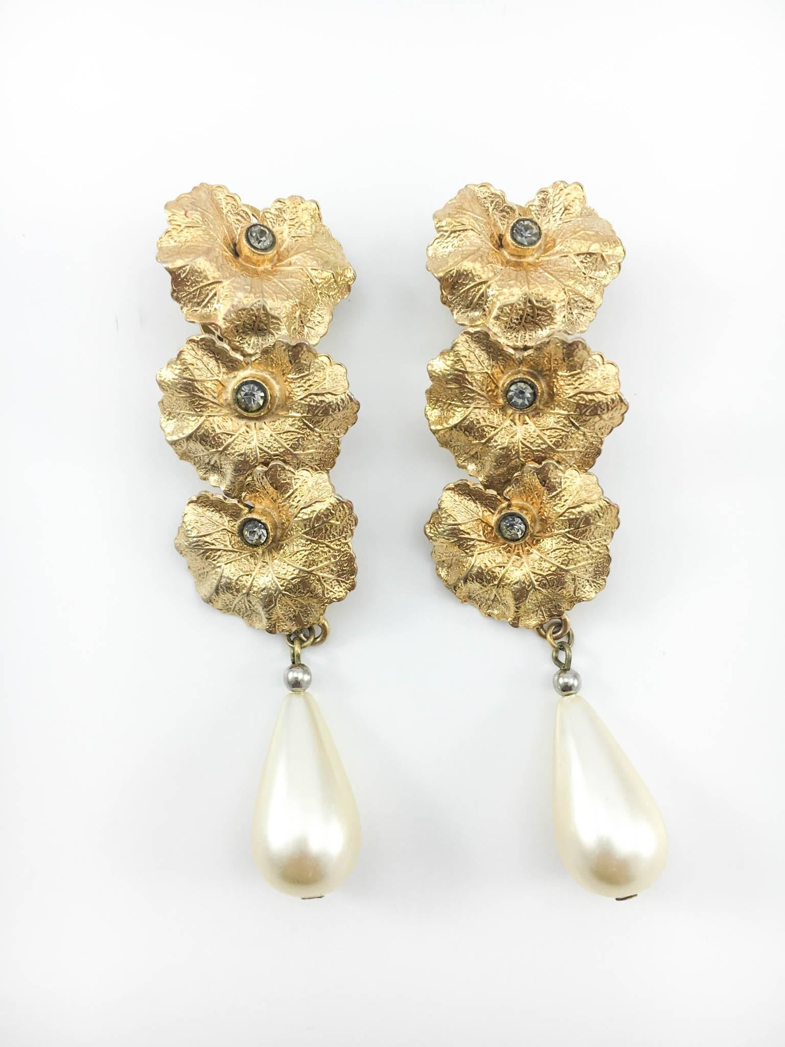 Romantic Henry Perichon Leaves and Pearl Drop Earrings - 1950s