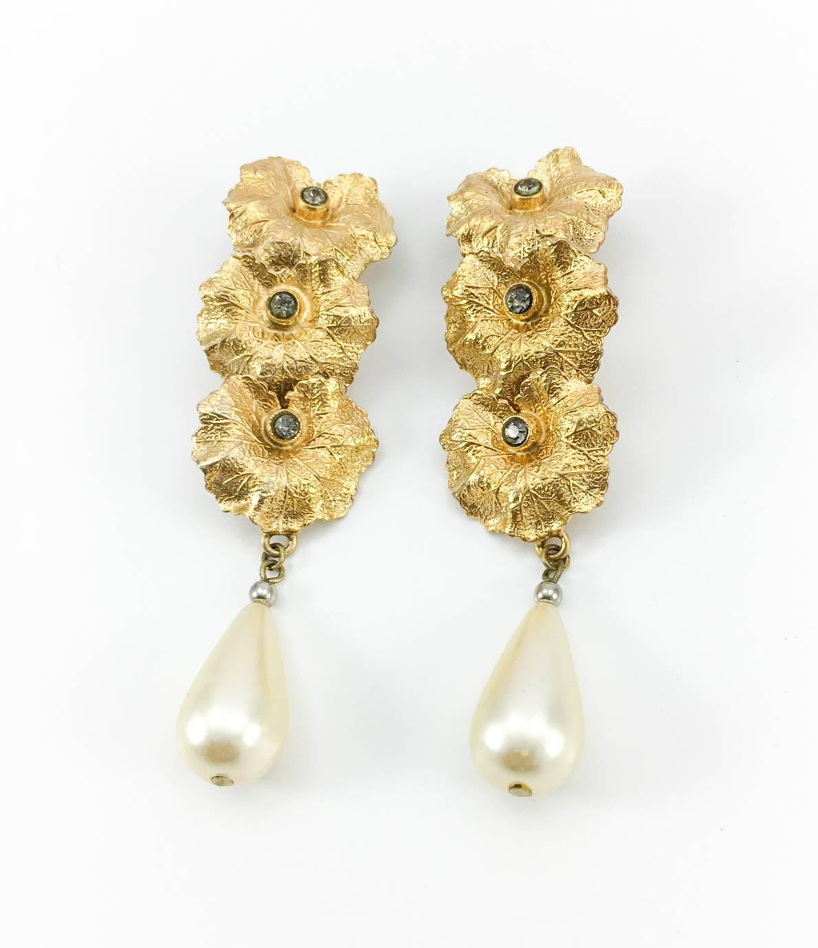 Henry Perichon Leaves and Pearl Drop Earrings - 1950s 2