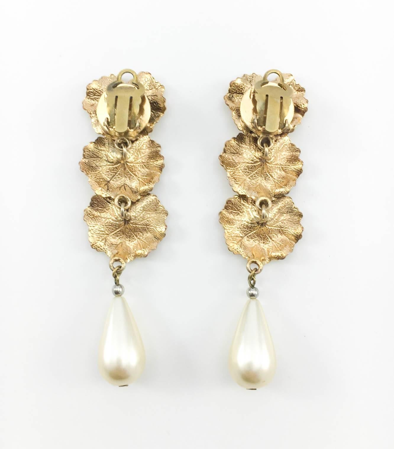 Henry Perichon Leaves and Pearl Drop Earrings - 1950s 3